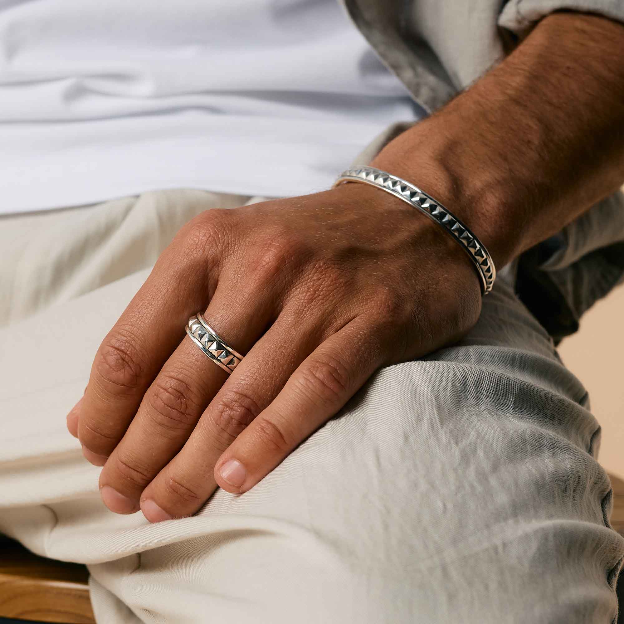 Sterling silver mens bangle with pyramid stud detail