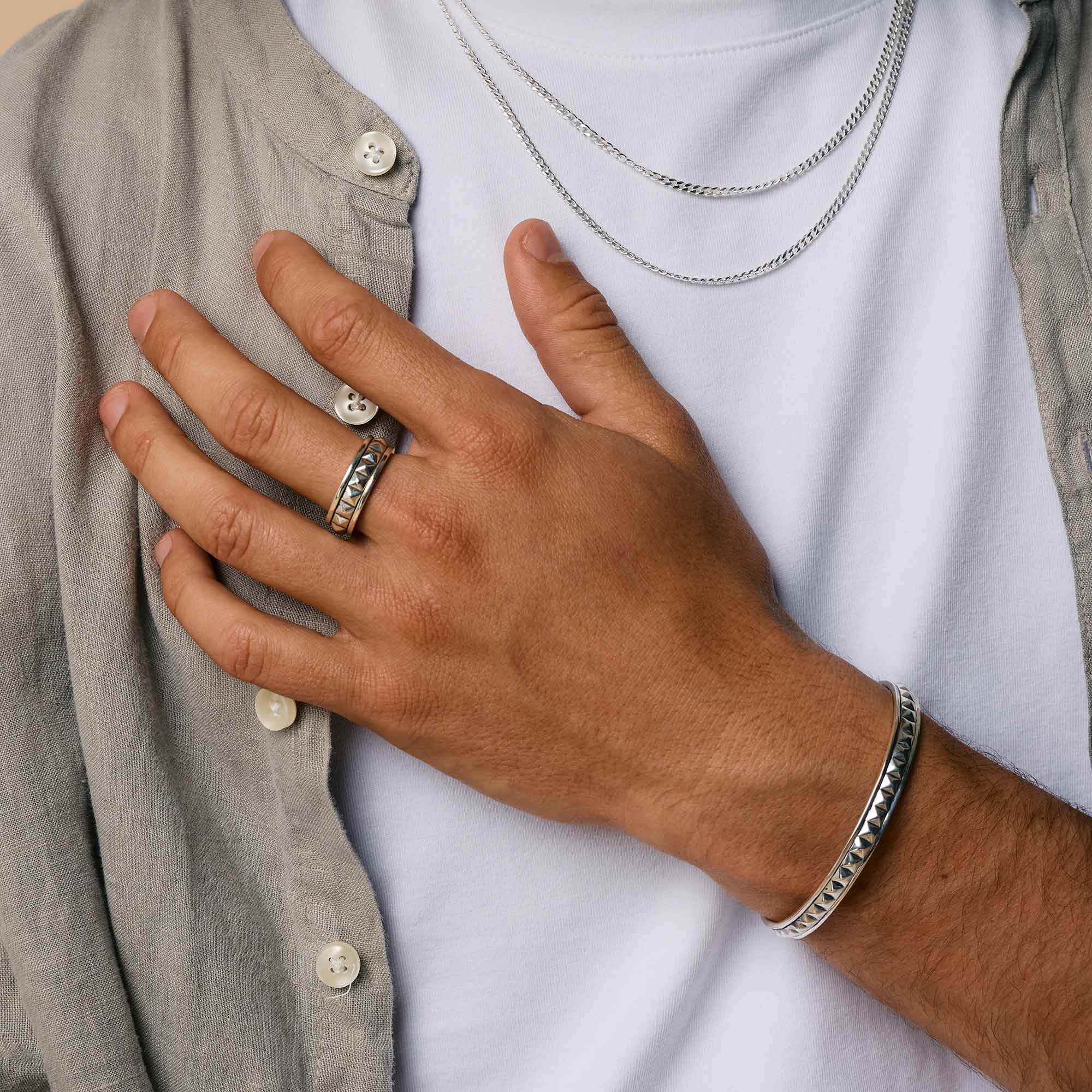 Pyramid detailing mens sterling silver bangle and matching spinning ring