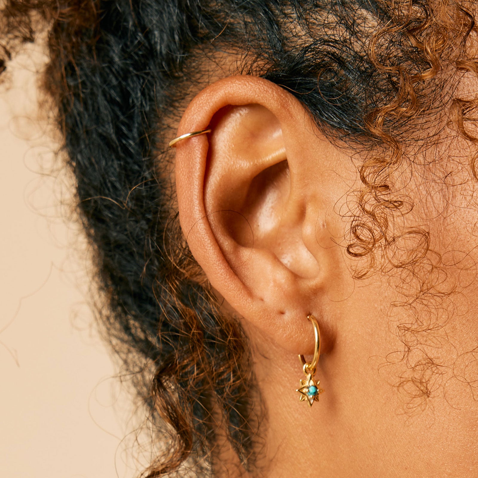 Gold Star Huggie Hoops, Turquoise North Star Huggie Hoops, Gold Charm Huggie Hoops, Star Charm Huggie Hoops