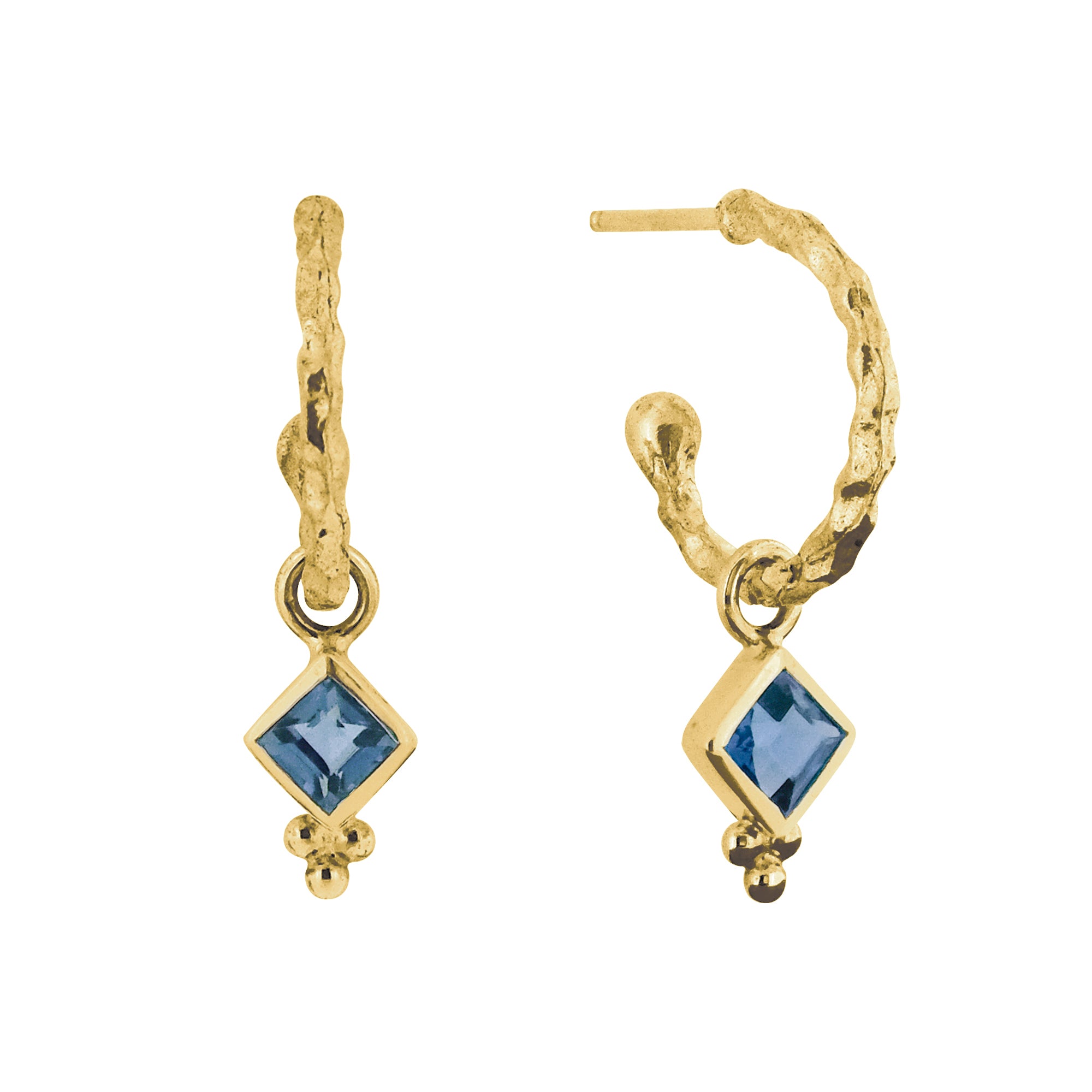 Gold vermeil hammered hoops, London Blue Topaz Earrings