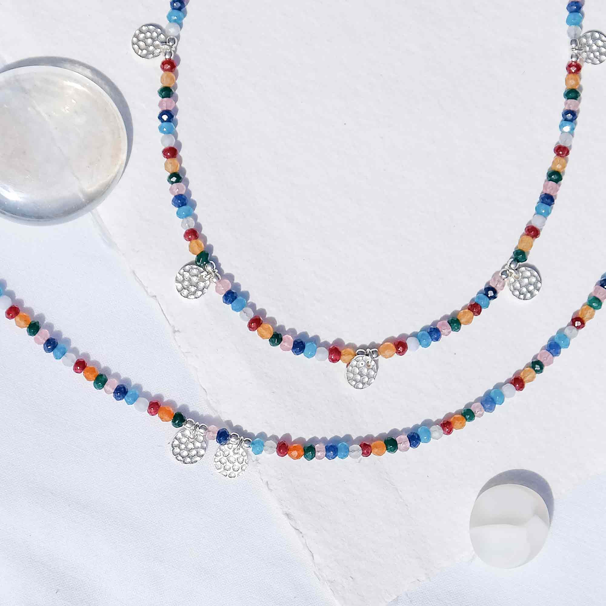 Gemstone Silver Disc Necklace and Anklet