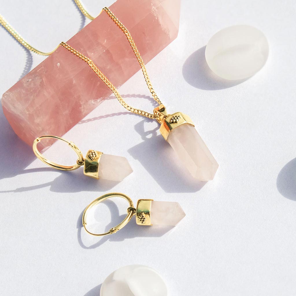 Rose Quartz Bullet Earrings and Necklace Gold