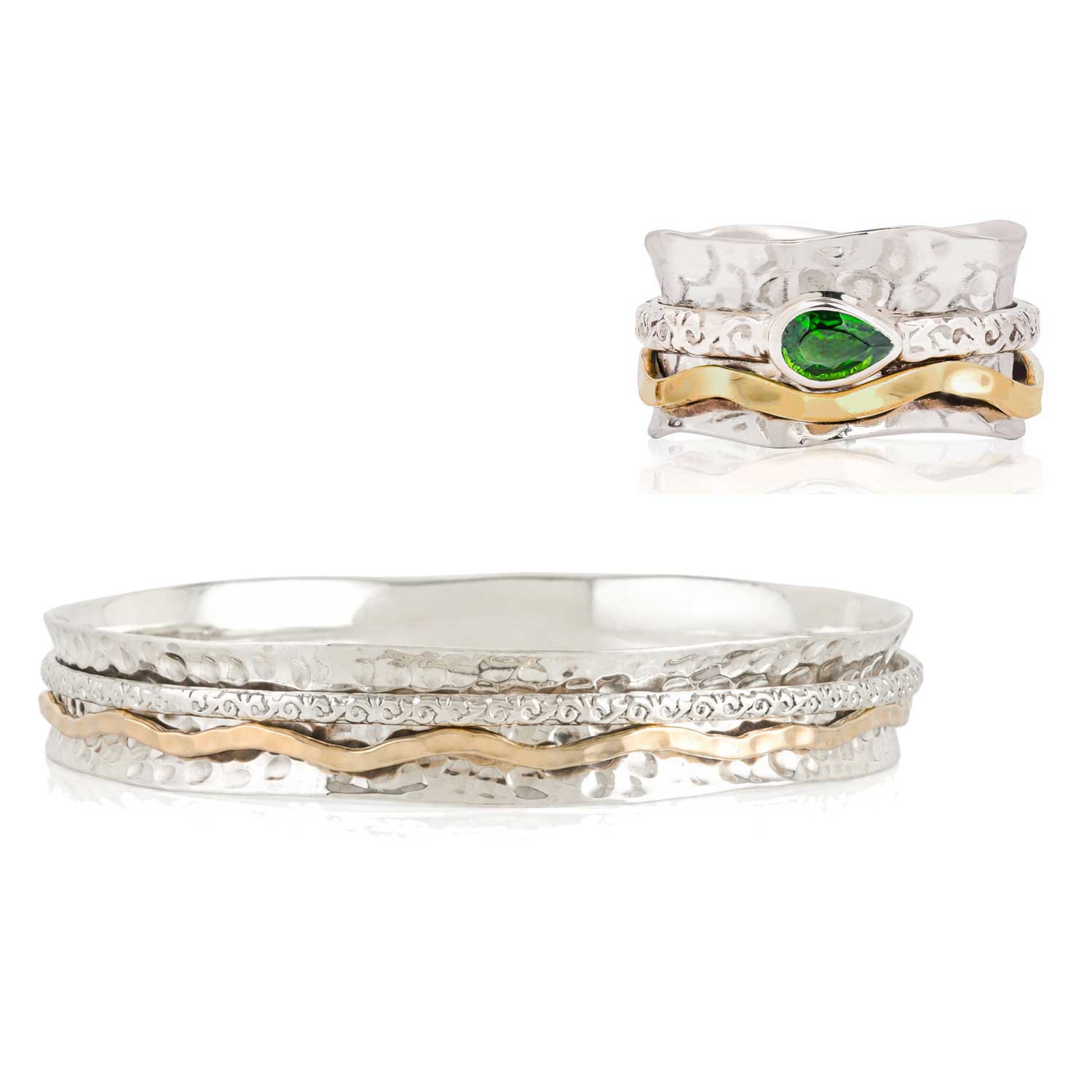 Aura Magic Mixed Metal Spinning Ring with Chrome Diopside Stone and Matching Spinning Bangle