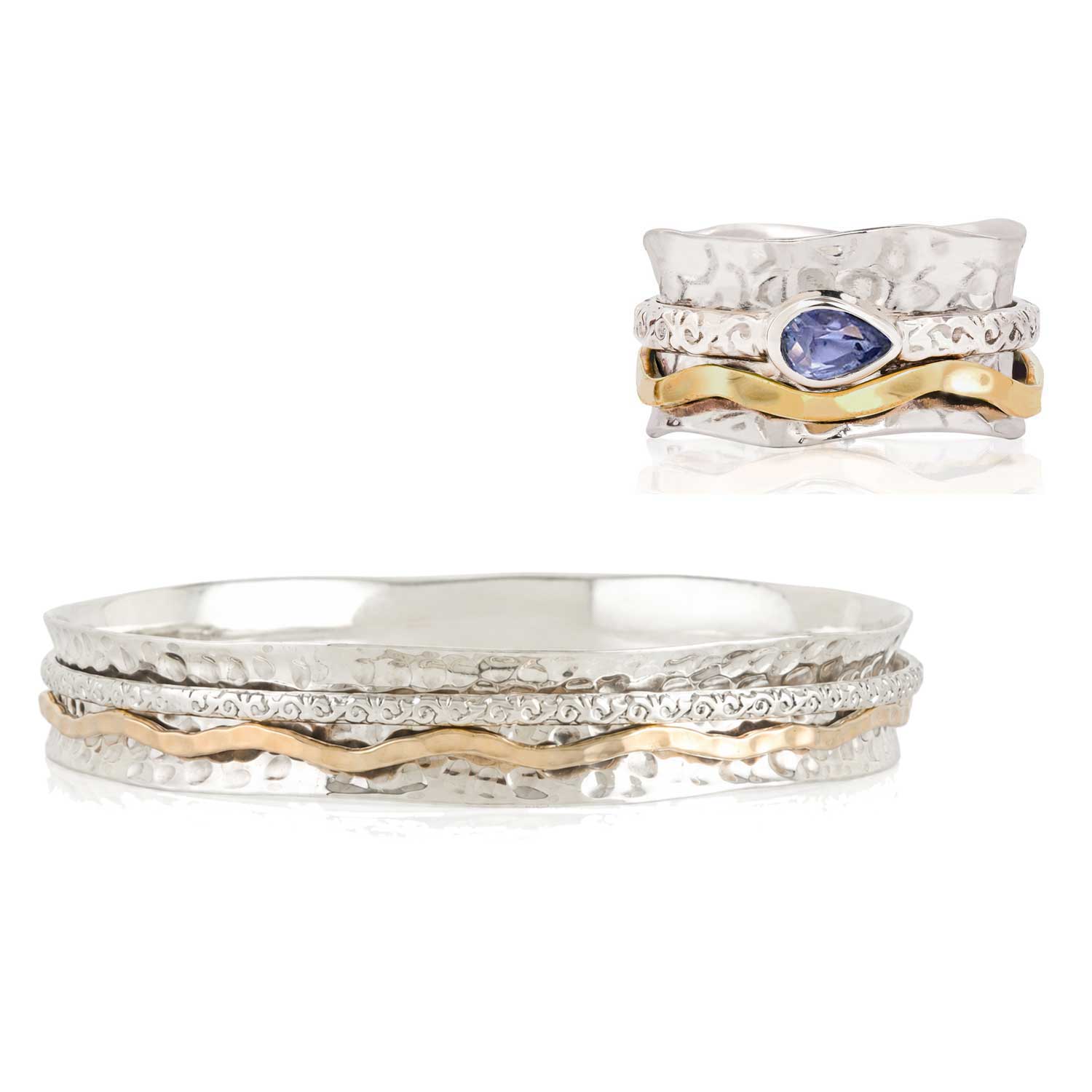 Aura Magic Tanzanite Spinning ring and Bangle Set, Mixed Metal Spinning Ring and Bracelet Set, Tanzanite Spinning Ring, Silver Spin ring and bracelet