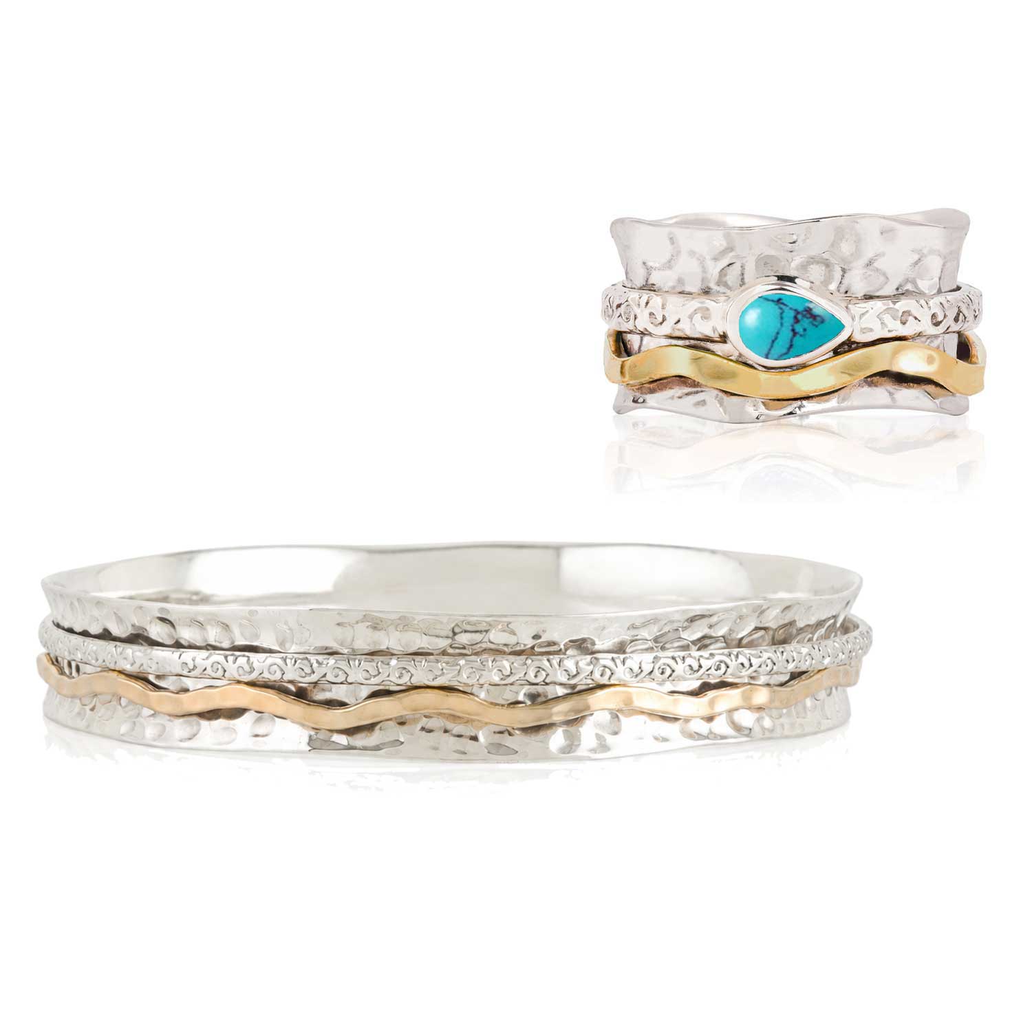 Turquoise Mixed Metal Spinning Ring with Matching Spinning Bangle, Turquoise Spinning Ring