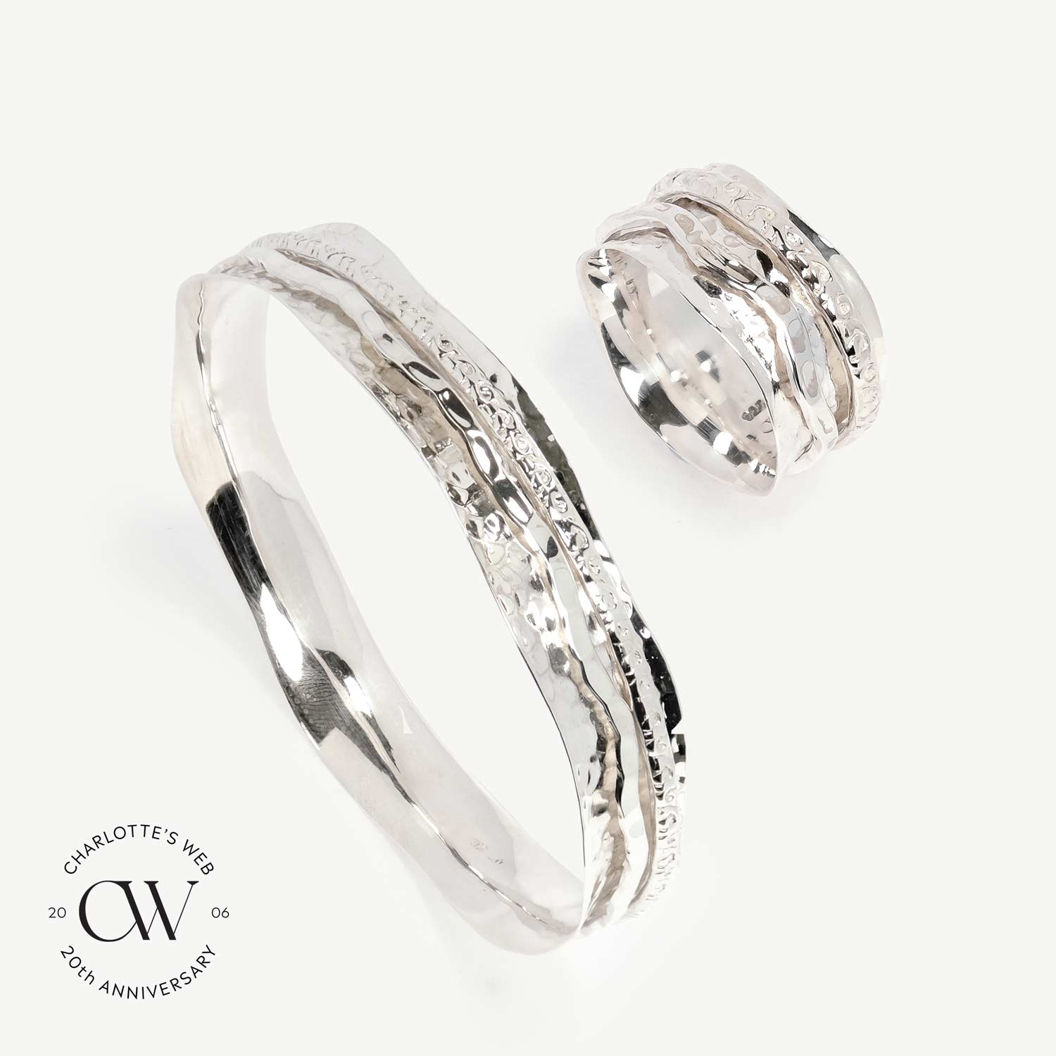 Sterling Silver Hammered Spinning Ring and Matching Bangle Gift Set