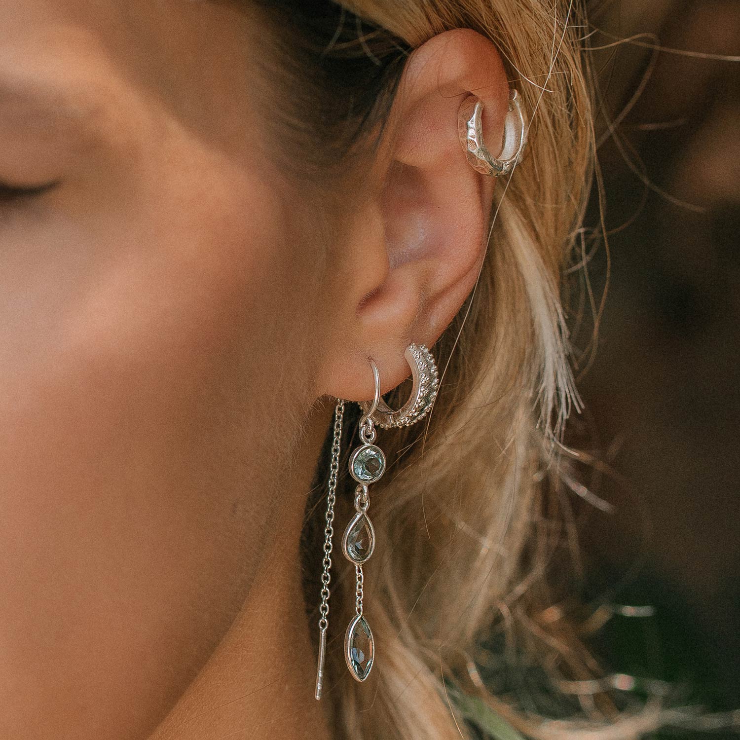 Blue Topaz Chain Earrings, Sterling Silver Pull Through Earrings, November Birthstone Threader Earrings, Threaders, Silver Chain Earrings