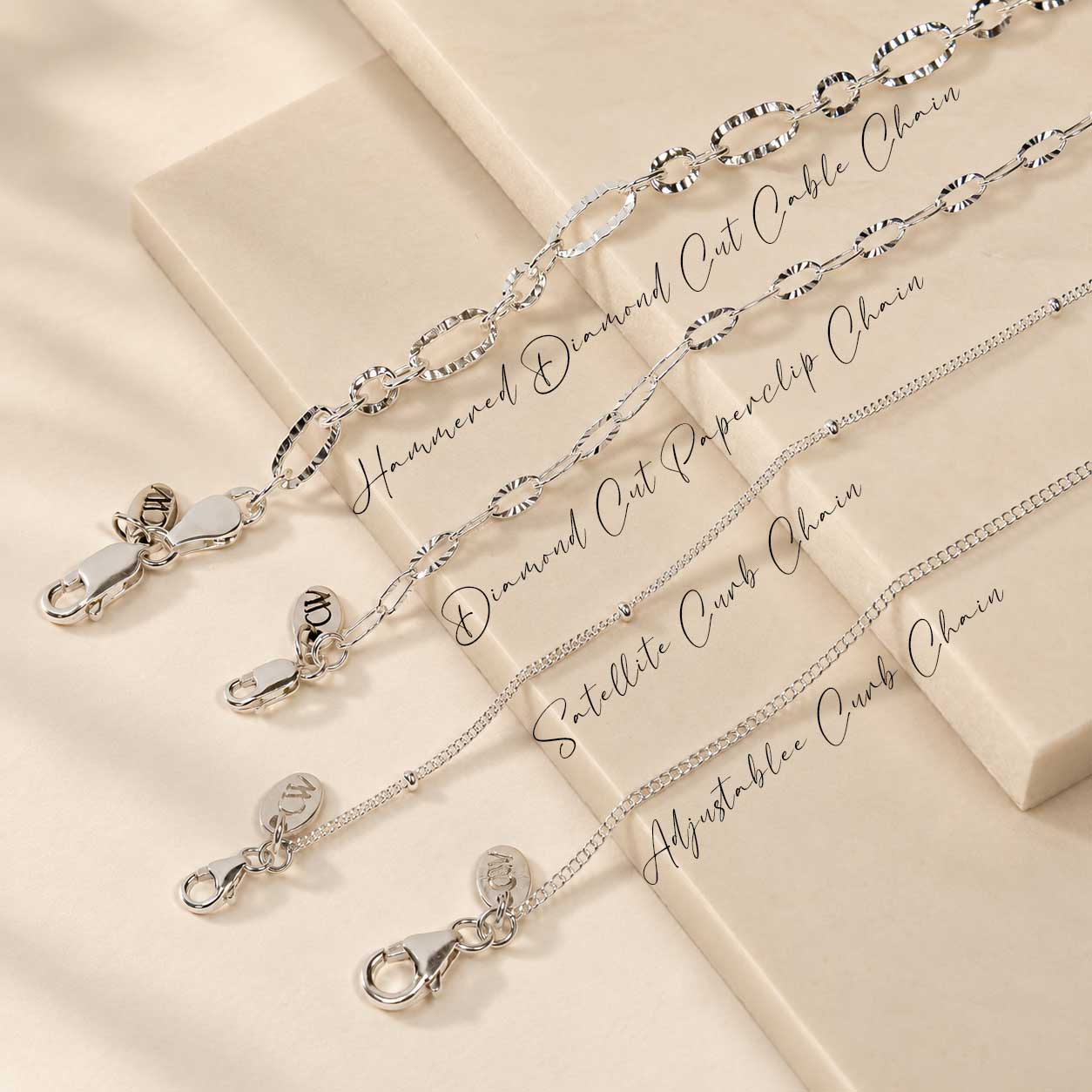 Sterling Silver Chains, Paperclip Chain, Hammered Diamond Cut Chain, Satellite Curb Chain, Adjustable Sterling Silver Chains, Women's Silver Chains