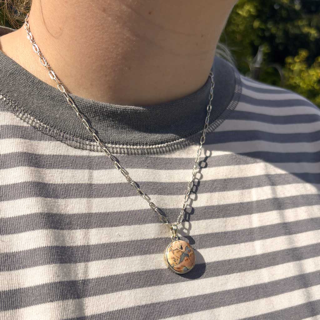 Coral Meligano Pendant, Coral and Grey Gemstone Pendant, Peach and Grey Pendant, Orange and Grey Pendant, Round coral pendant, Round Coral Meligano Necklace