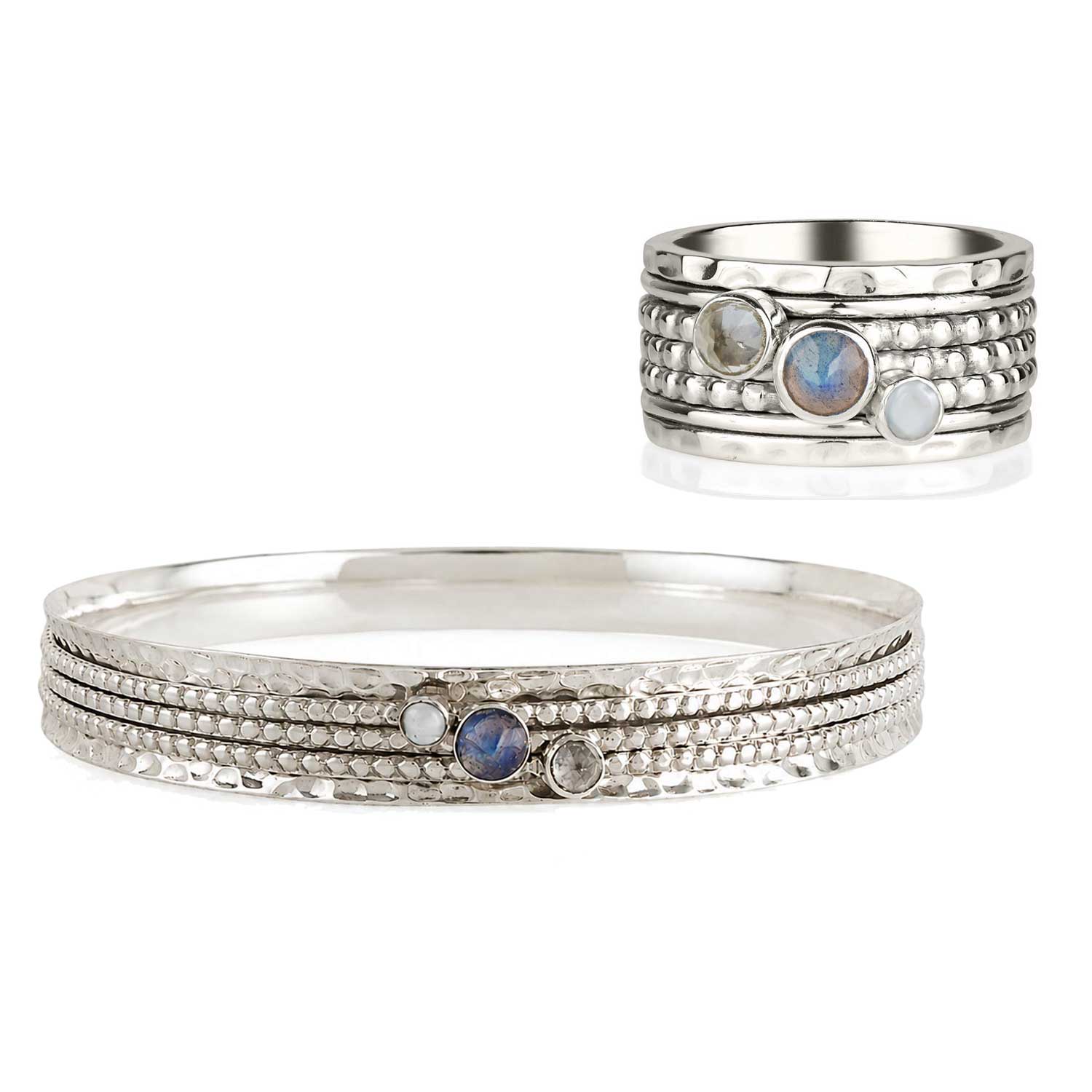 Ethereal Galaxy Gemstone Silver Spinning Ring and Bangle Set