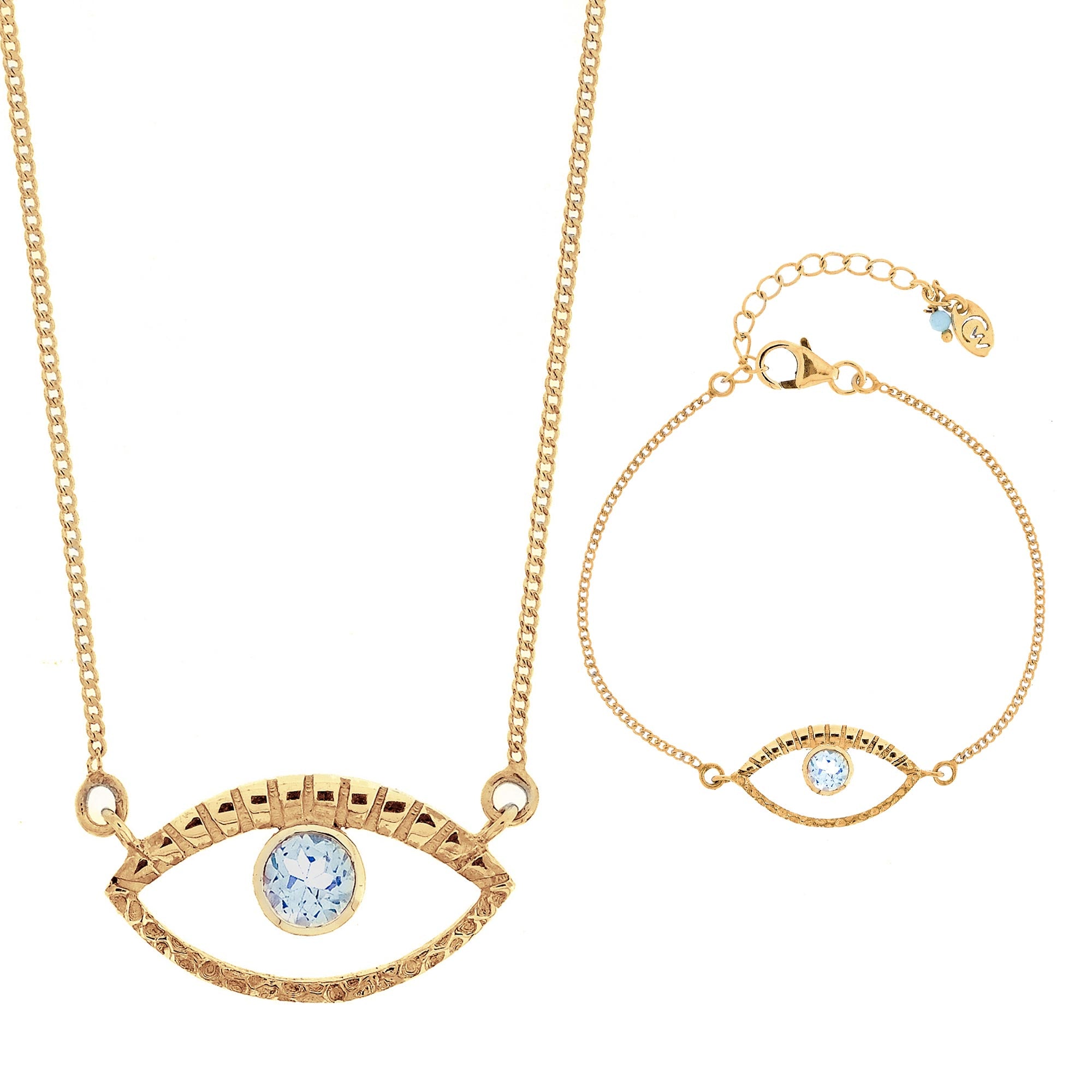 Gold and Blue Topaz Eye of Intuition Necklace and Bracelet Set