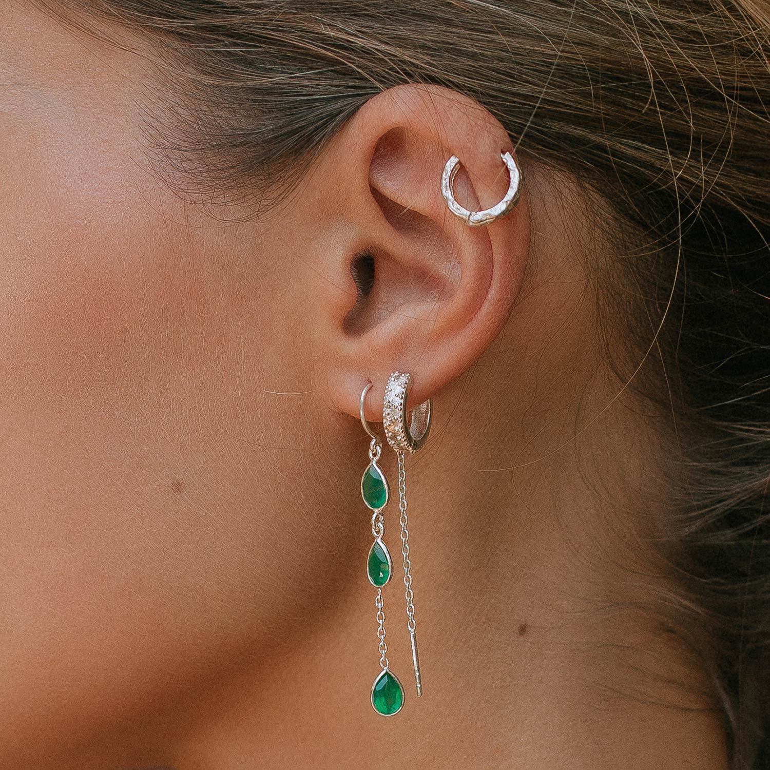 Green Onyx Threader Earrings, Green Onxy Earrings, Onyx Threaders, Sterling Silver Green Stone Earrings, Green Gemstone Earrings, Silver Chain Earrings, Silver Pull Through Earrings