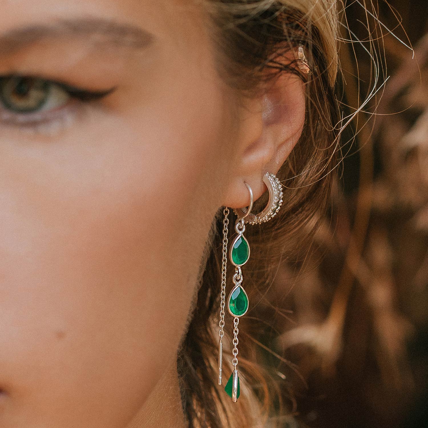 Green Onyx Pull Through Earrings, Green Onyx Threaders, Green Onyx Earrings, Silver Chain Earrings, Sterling Silver Threaders, Handmade Earrings