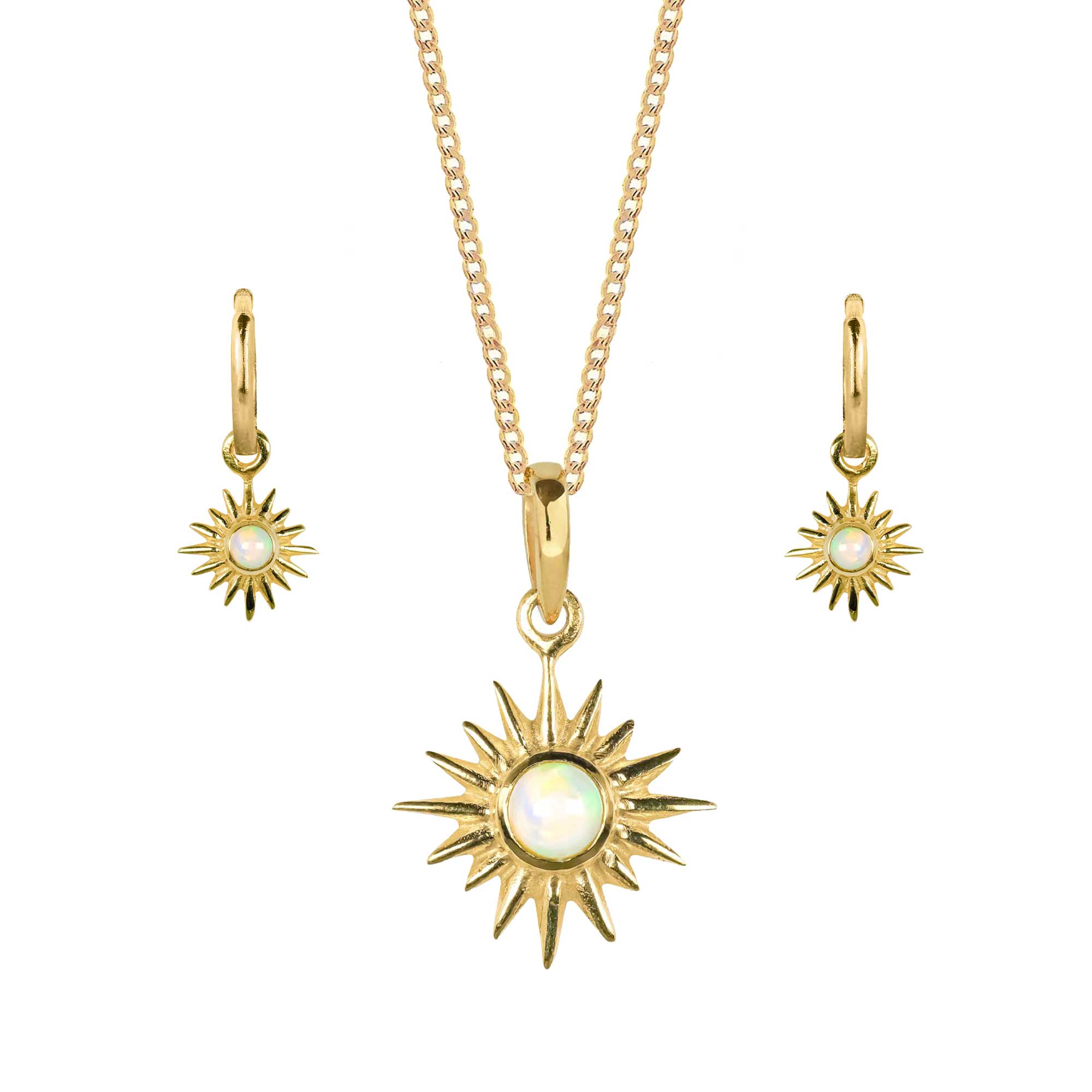 Gold Eclipse Necklace and Earrings Set, Opal Gold Sun Necklace and Earrings, Opal Necklace and Earrings Set, October Birthstone Jewellery Set, Gold Lunar Necklace and Earrings