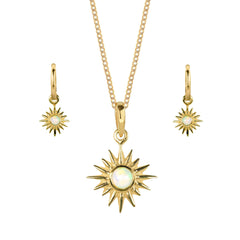 Gold Eclipse Necklace and Earrings Set, Opal Gold Sun Necklace and Earrings, Opal Necklace and Earrings Set, October Birthstone Jewellery Set, Gold Lunar Necklace and Earrings