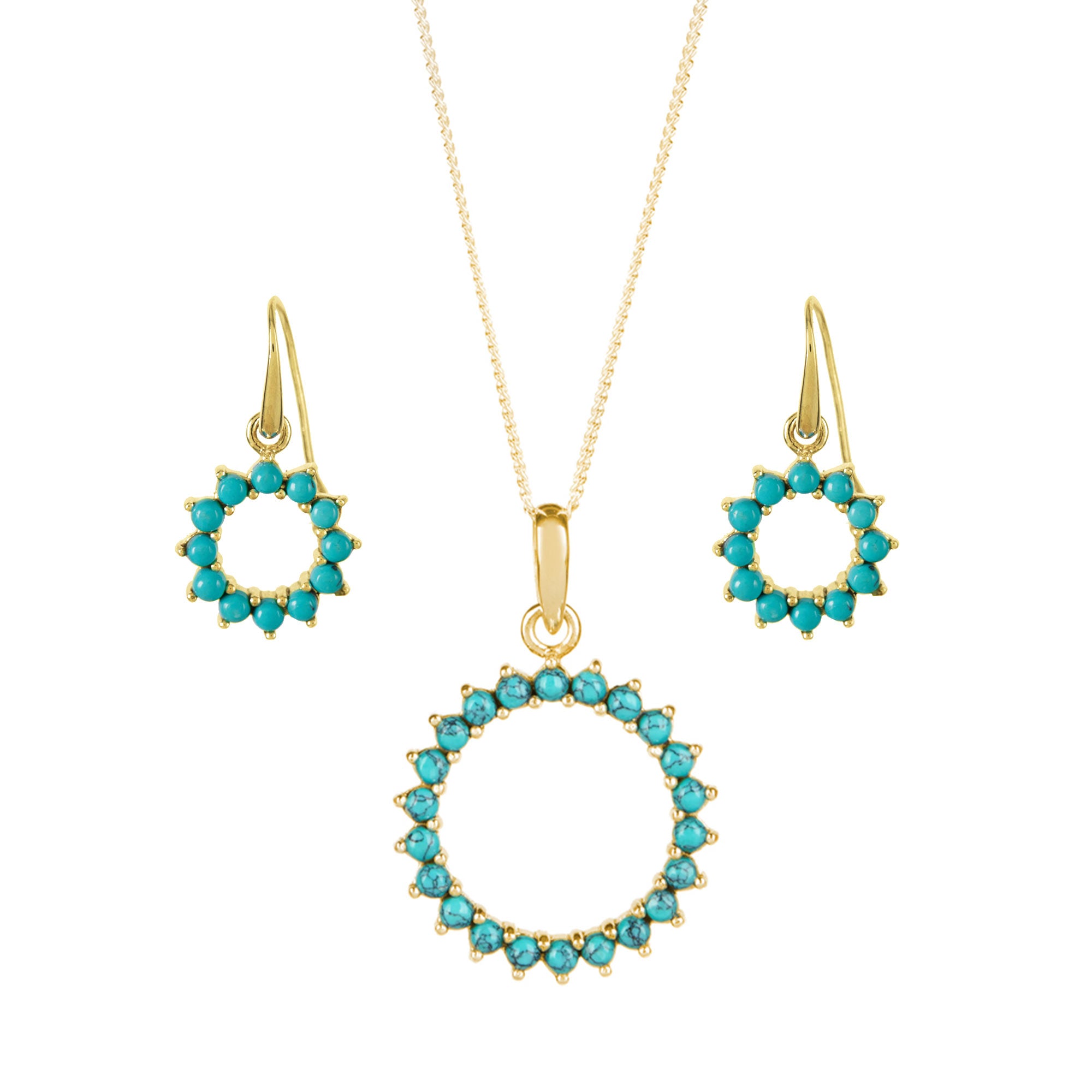 Gold and Turquoise Halo Necklace and Earring Set