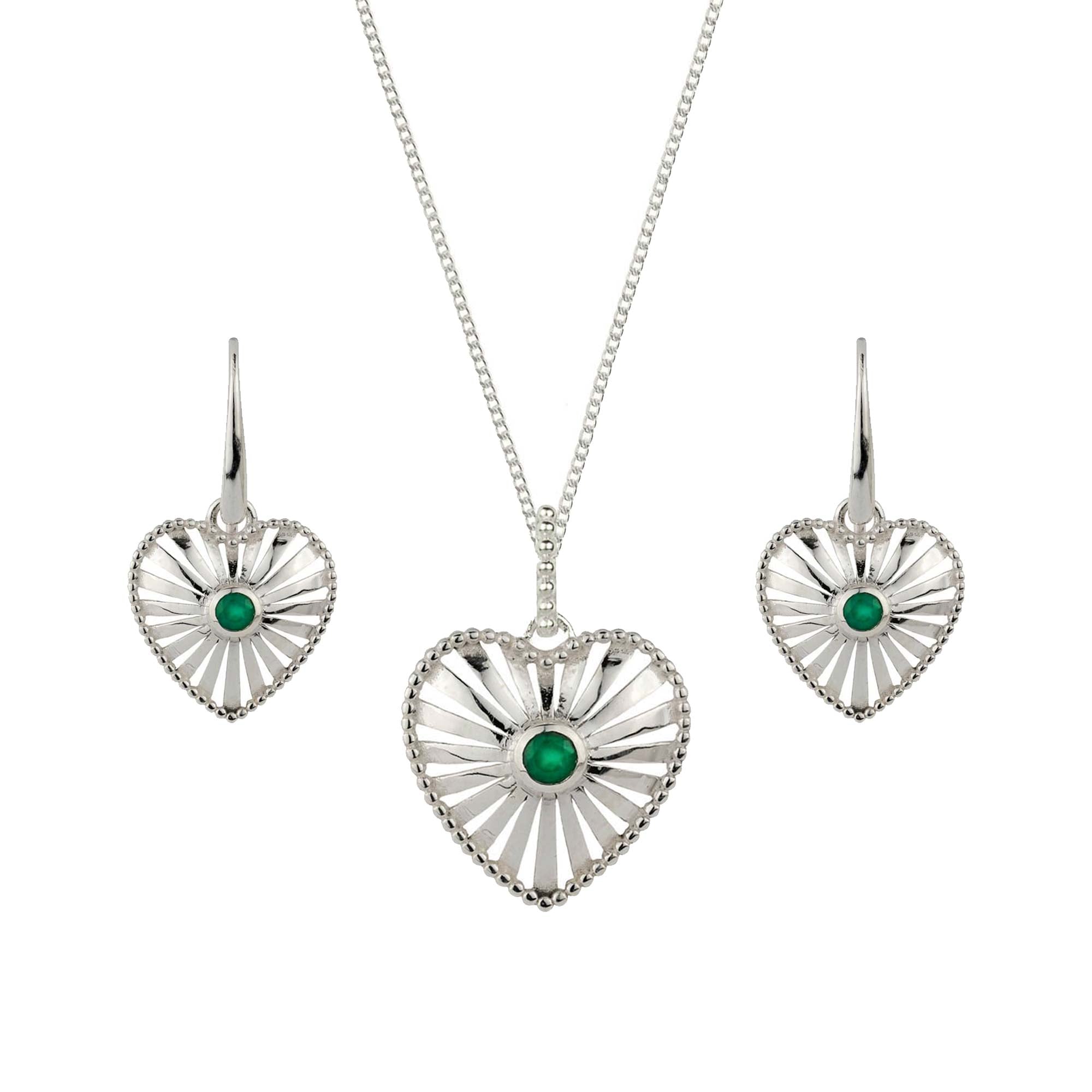 Heart Rays Silver and Green Onyx Necklace and Earring Set