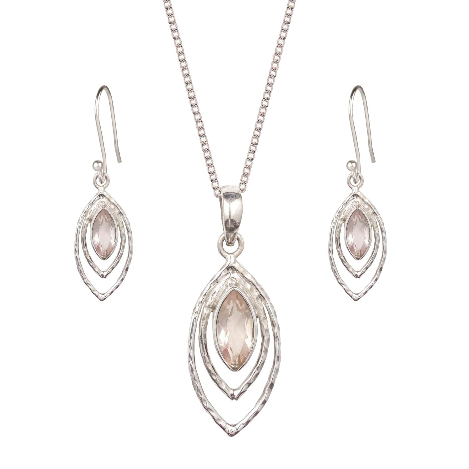 Sterling silver infinity symbol earring and necklace set with genuine rose quartz