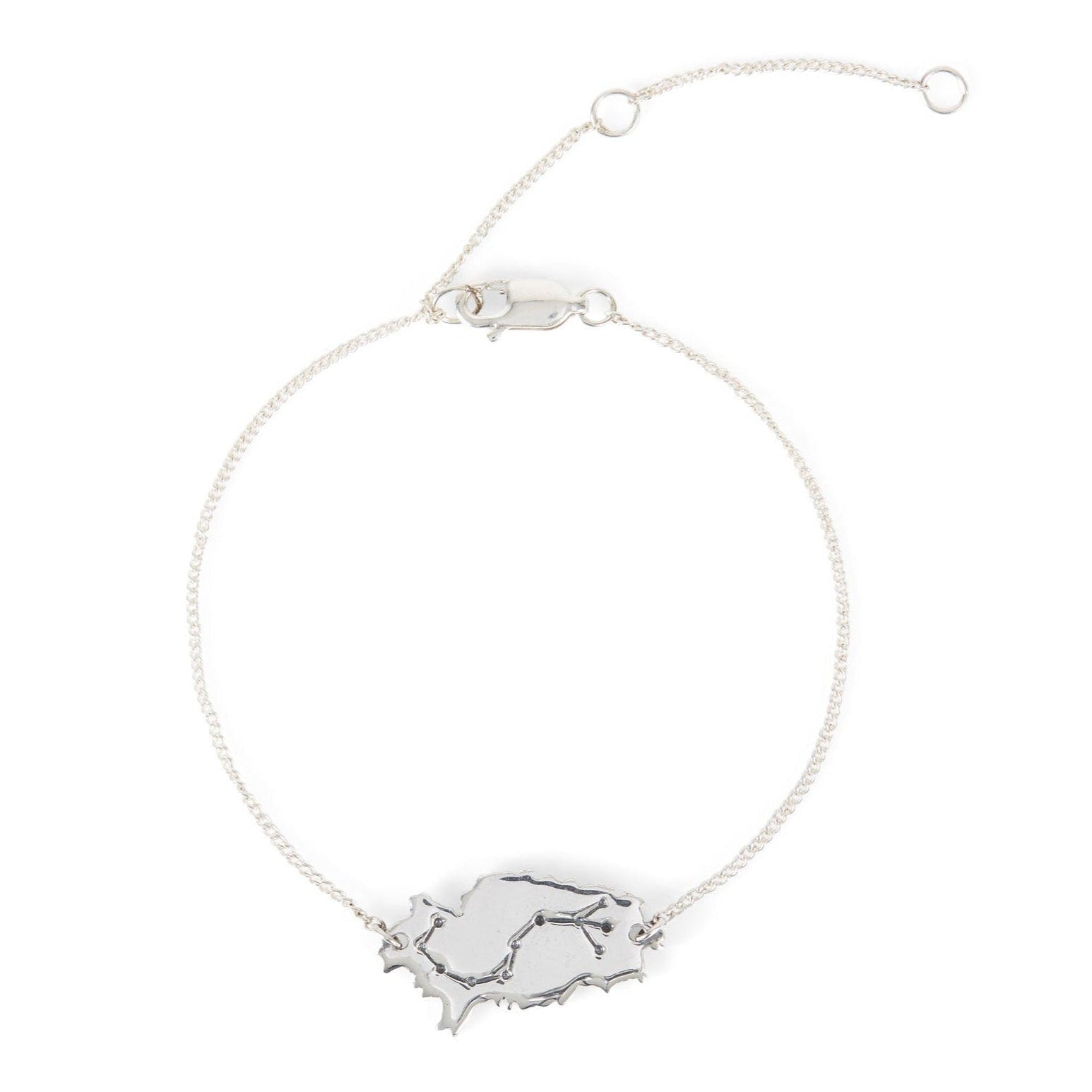 A sterling silver bracelet featuring a Scorpio constellation design on one side and the word 'Ibiza' on the other, with a lobster clasp closure.