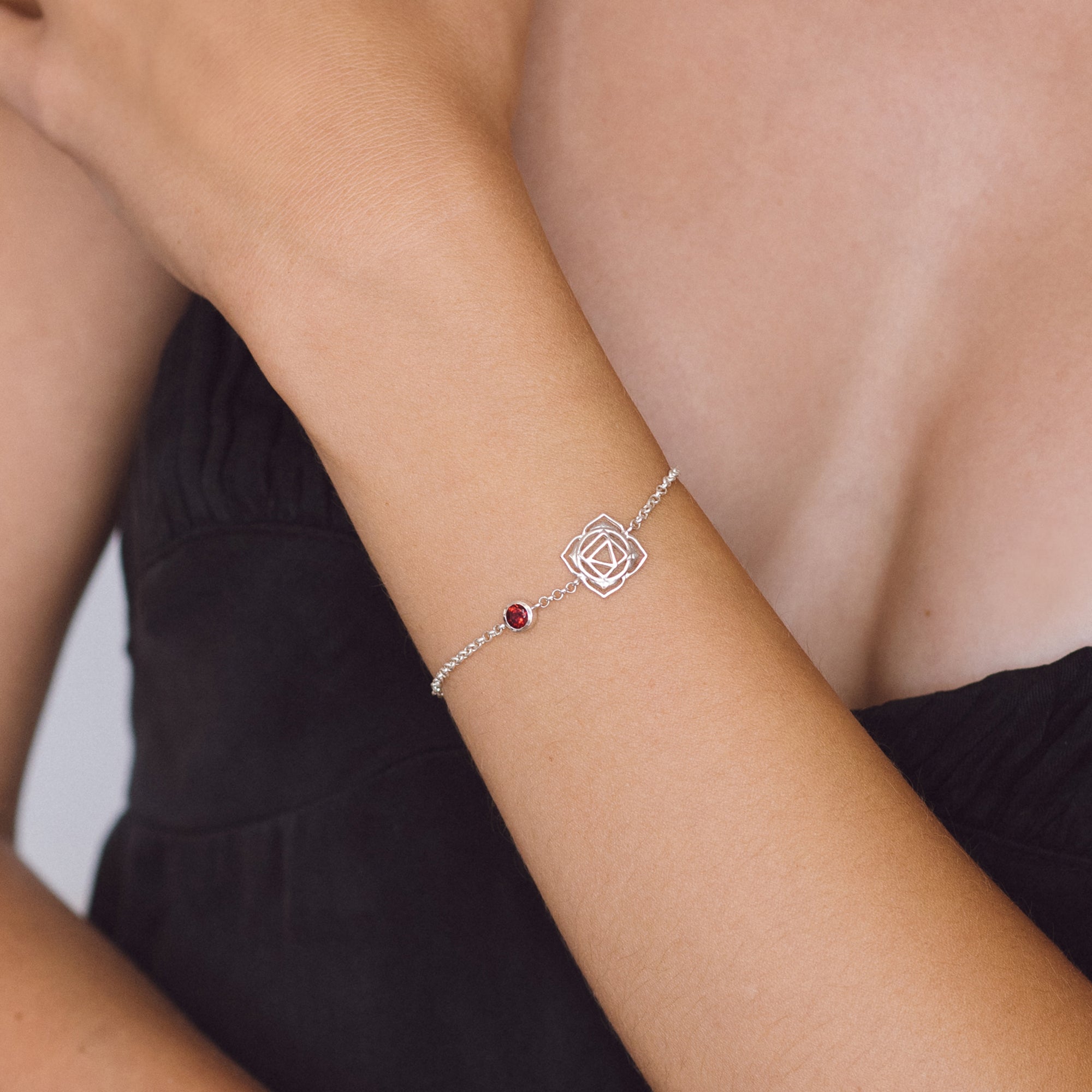Sterling silver root chakra bracelet with red garnet gemstone