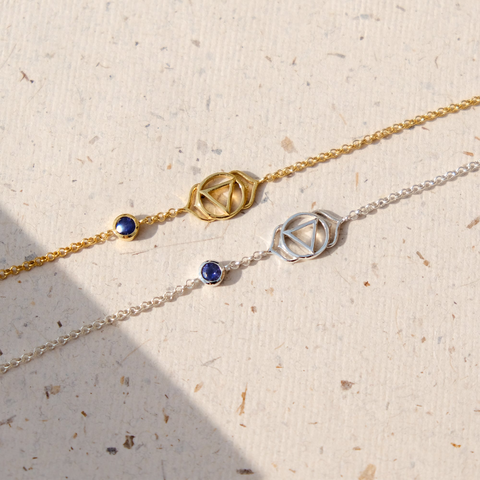 Gold and silver third Eye Chakra bracelet in sterling silver with lolite purple gemstone
