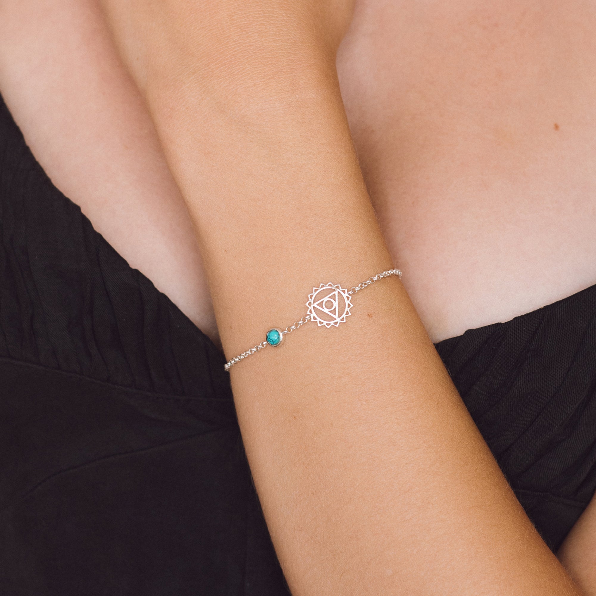Sterling silver throat chakra bracelet with turquoise gemstone