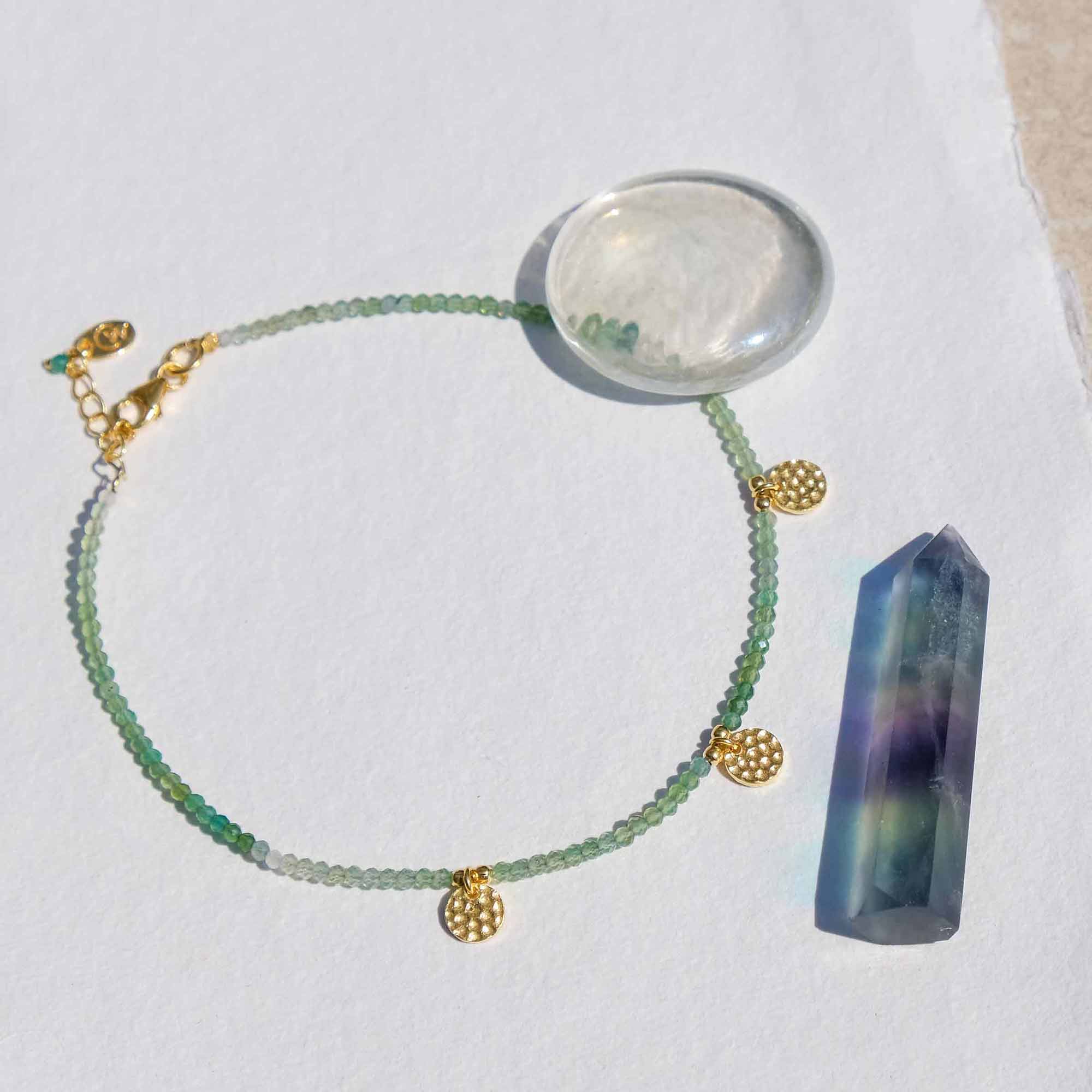 gold and green onyx beaded anklet flatlay 