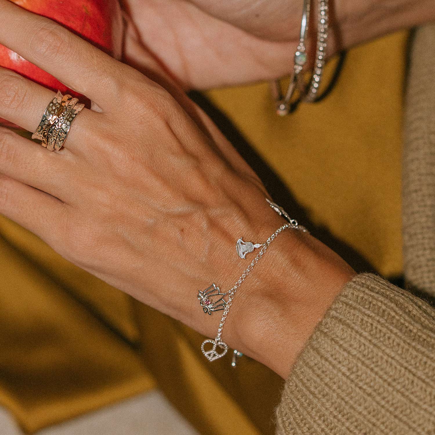 Sterling silver symbolic charm bracelet, Silver Charm Bracelet, Silver Peace, Love and Freedom Charm Bracelet, Hamsa Hand, Buddha, Lotus Flower, Peace Heart, Swallow Charms