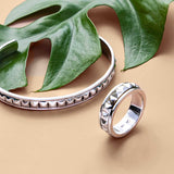 Men's pyramid silver cuff bracelet and spinning ring