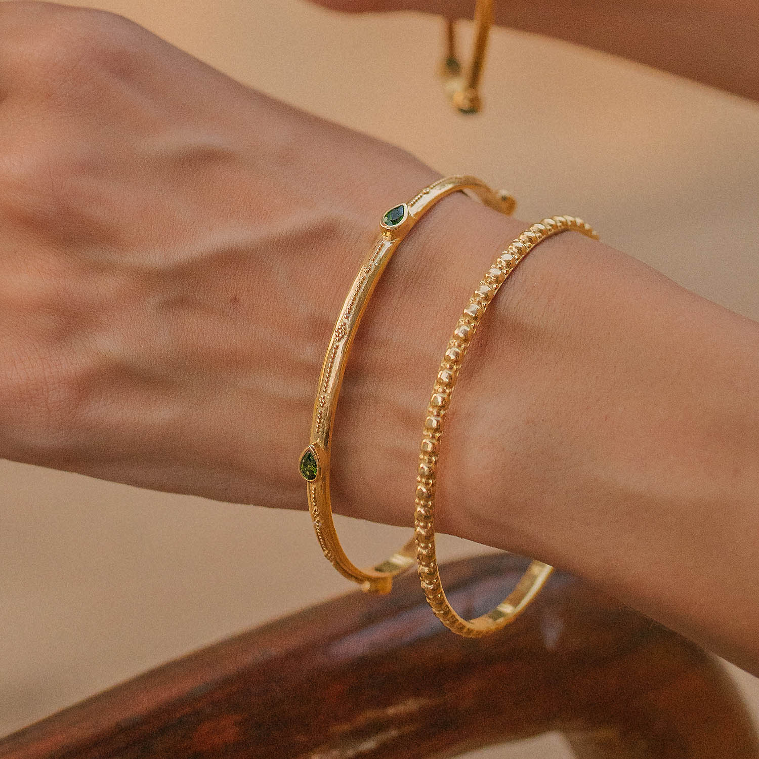 Gold stacking bangles, Gold bangles, Gold and green gemstones bangle, Gold and chrome diopside stacking bangles