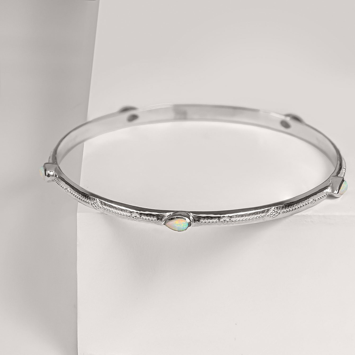 Sterling silver and opal detailed bangle, Opal silver bangle, Opal stacking bangle, Sterling silver stacking bangle, October birthstone stacking bangle, October birthstone bangle