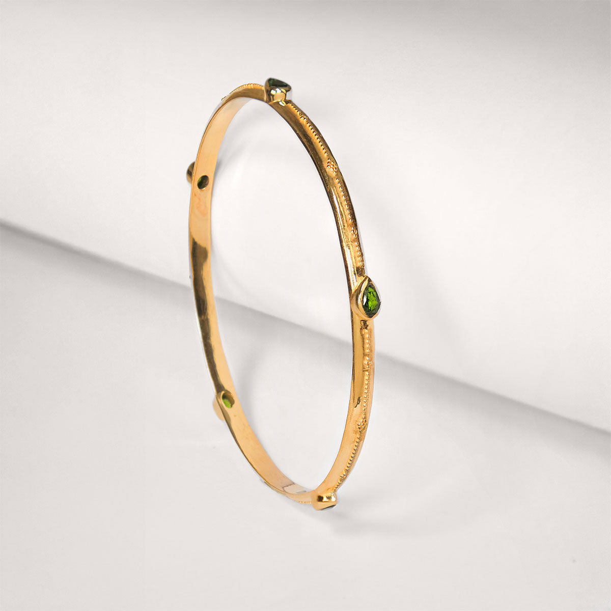 Gold bangle with green gemstones, Gold stacking bangle with green gemstones, Saraswati gold stacking bangle, Chrome diopside gold bangle