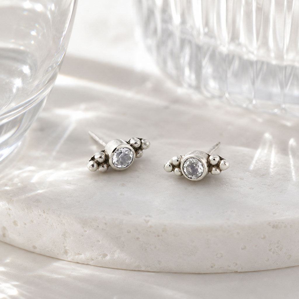 April birthstone stud earrings, White topaz studs, Silver and topaz stud earrings