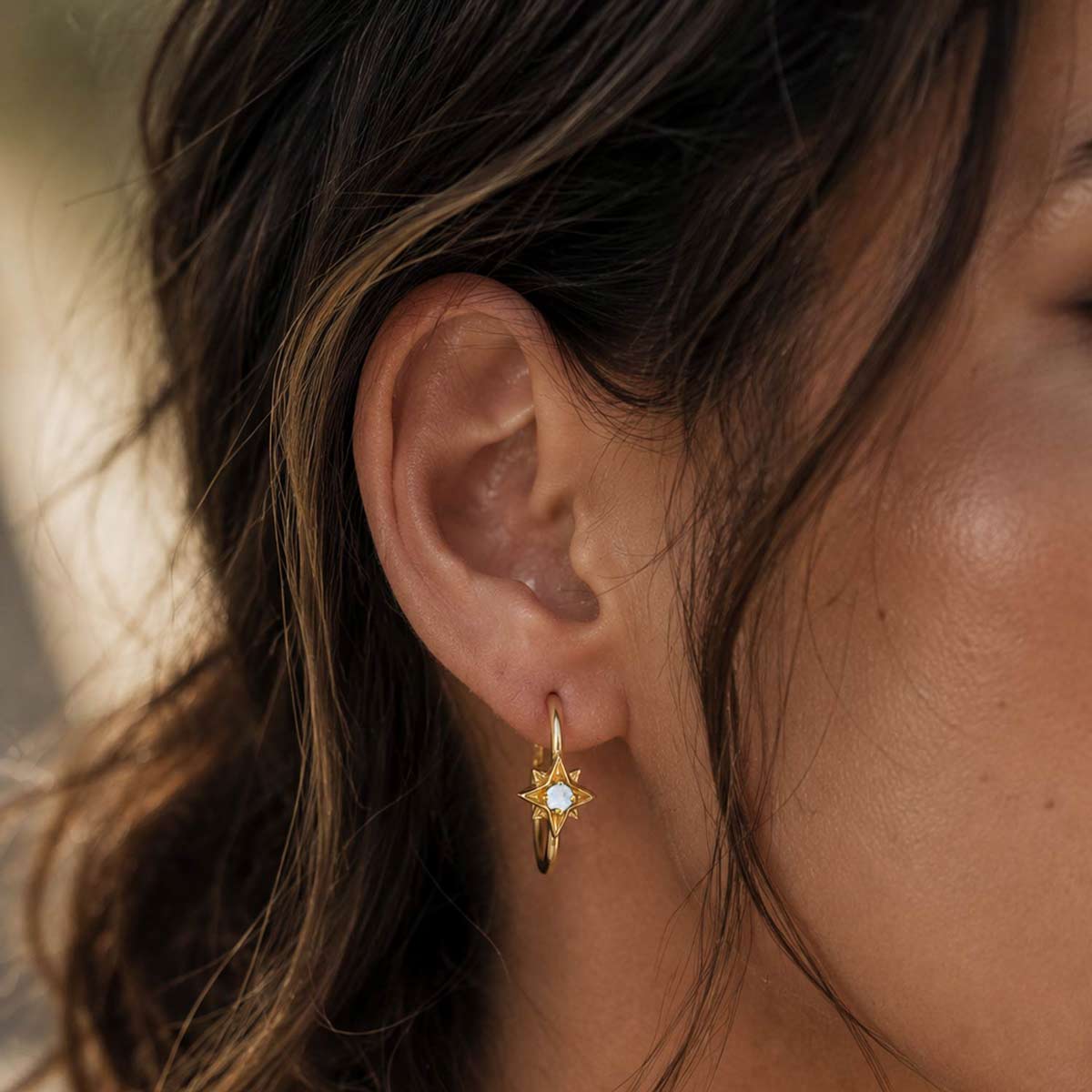 Star Hoop Earrings, Gold Star Hoops, Gold Star Earrings, Moonstone Gemstone Earrings, June Birthstone Star Hoop Earrings