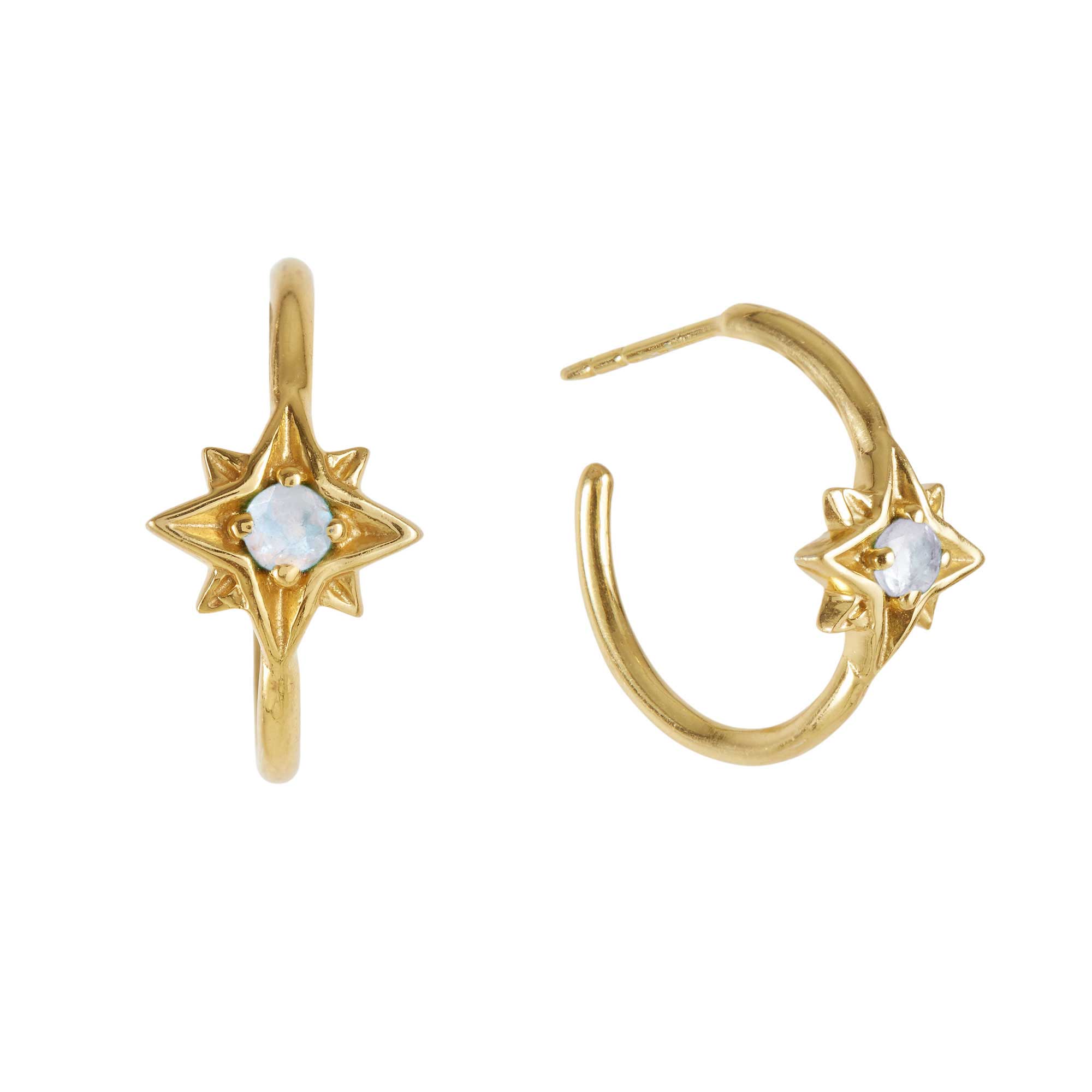 North Star Hoop Earrings, Gold Star Hoops, Gold North Star Hoops, Moonstone Earrings, June Birthstone Earrings