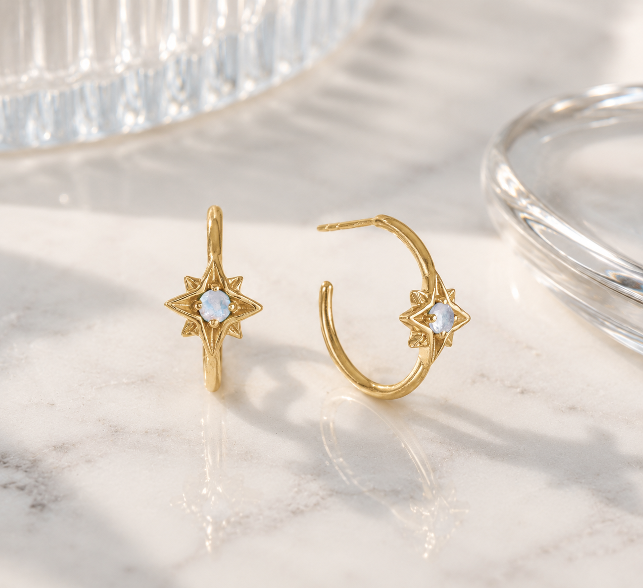 Gold Star Earrings with Moonstone Centre, Gold Star Hoops, Gold Star Earrings, June Birthstone Star Earrings