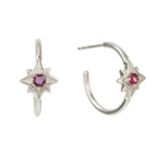 North Star Hoop Earrings, Silver Star Hoops, Silver North Star Hoops, Rhodolite Garnet Earrings, January Birthstone Earrings