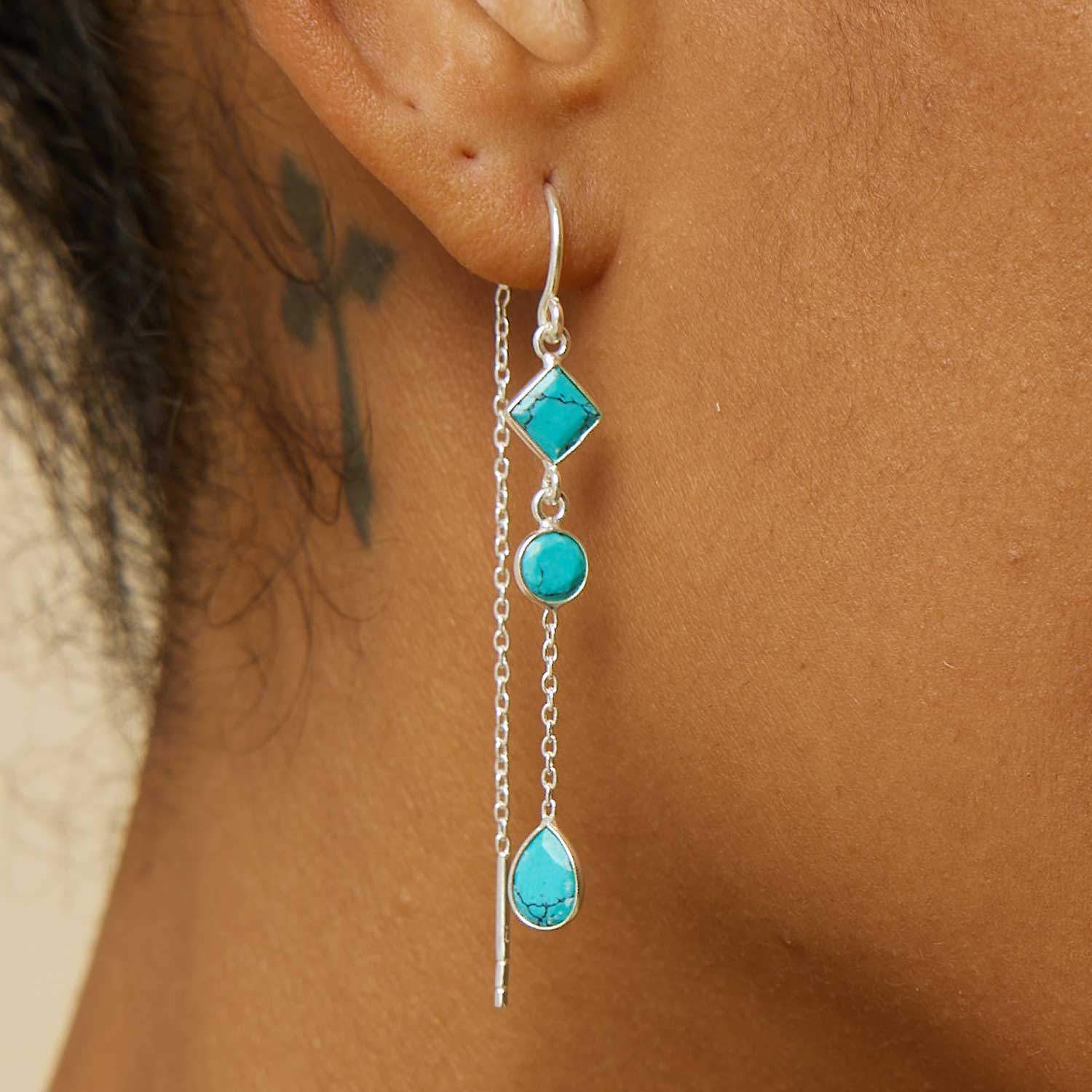 Turquoise silver threader earrings, Turquoise pull through earrings, Turquoise drop earrings, Turquoise earrings, Handmade earrings