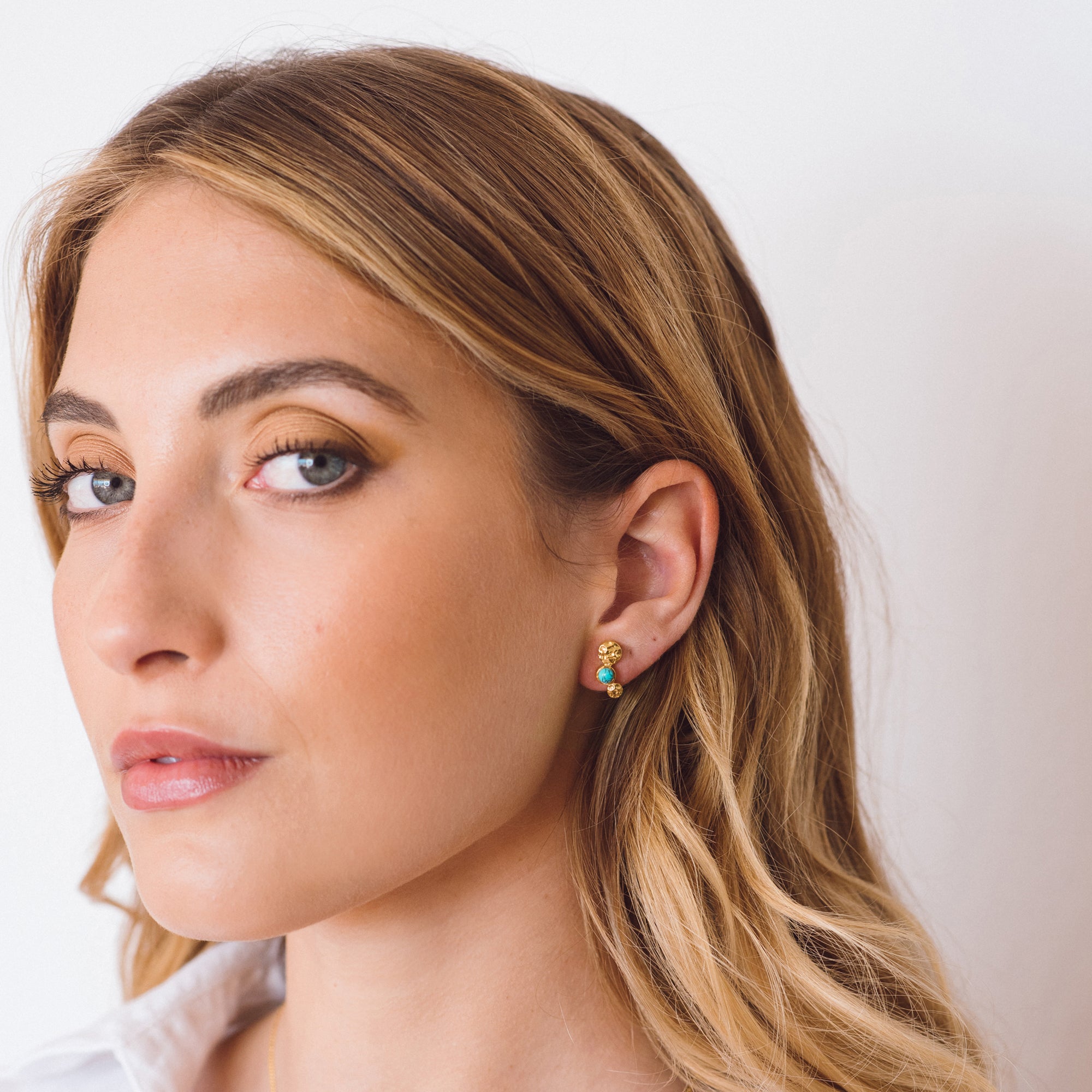 Gold Turquoise Stud Earrings, December Birthstone Earrings, Turquoise Gold Studs, Gold Hammered Stud Earrings, December Birthstone