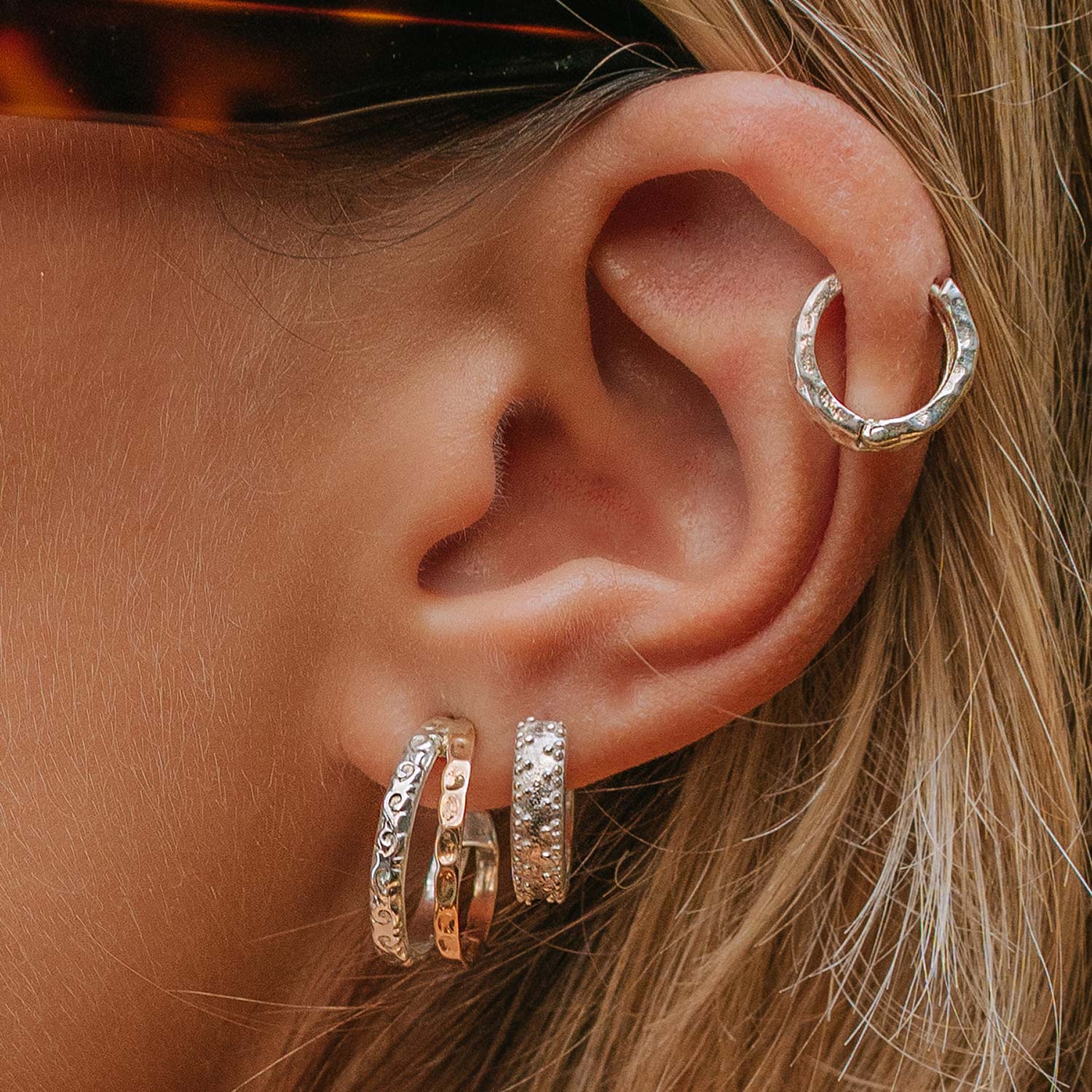 Mixed metal hoop earrings, Double band hoop earrings, Silver hoop earrings, Hammered hoop earrings, Huggie hoops