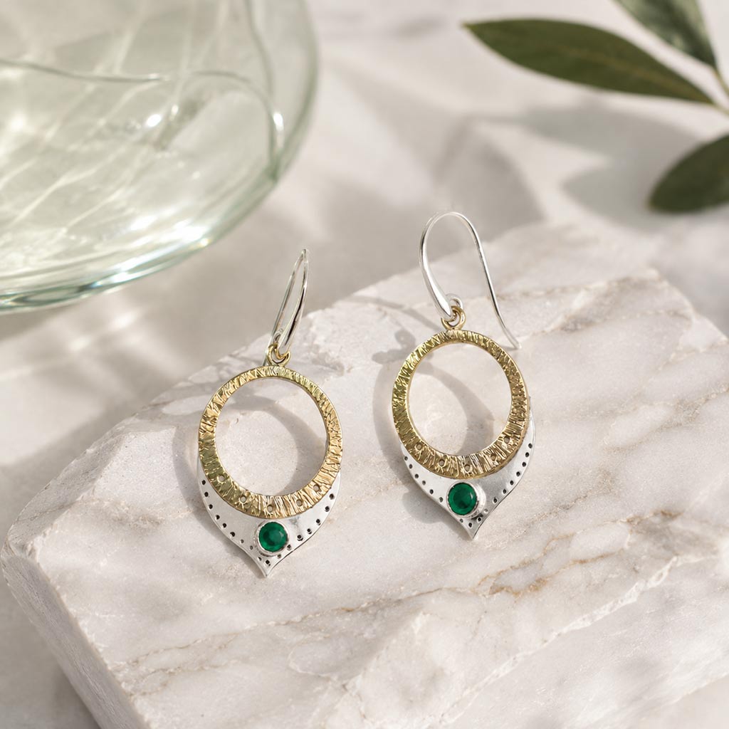 Textured mixed metal earrings, Etched mixed metal earrings, Green onyx earrings, Handmade earrings