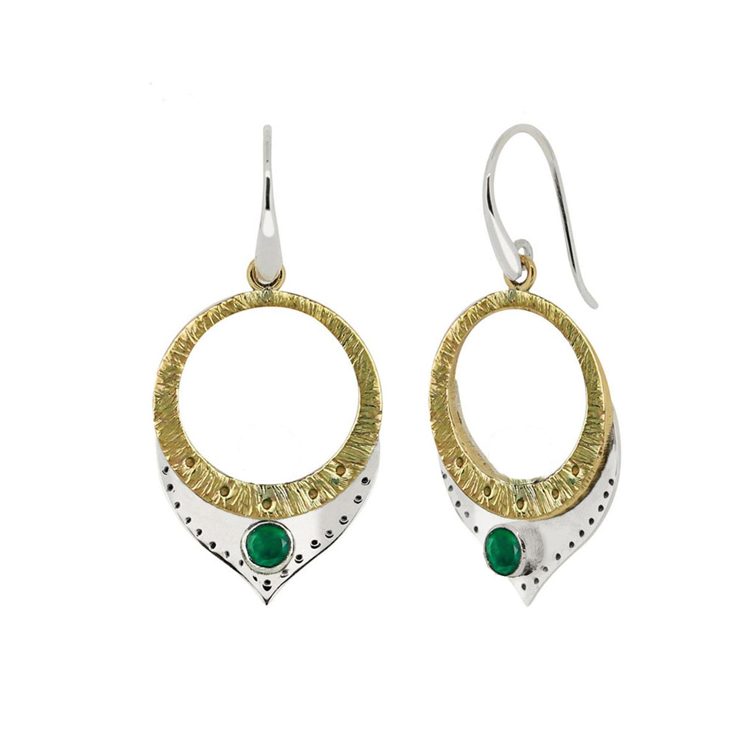 Handmade Silver, Brass and Green Onyx Large Earrings, Silver gemstone statement earrings, Green onyx statement earrings