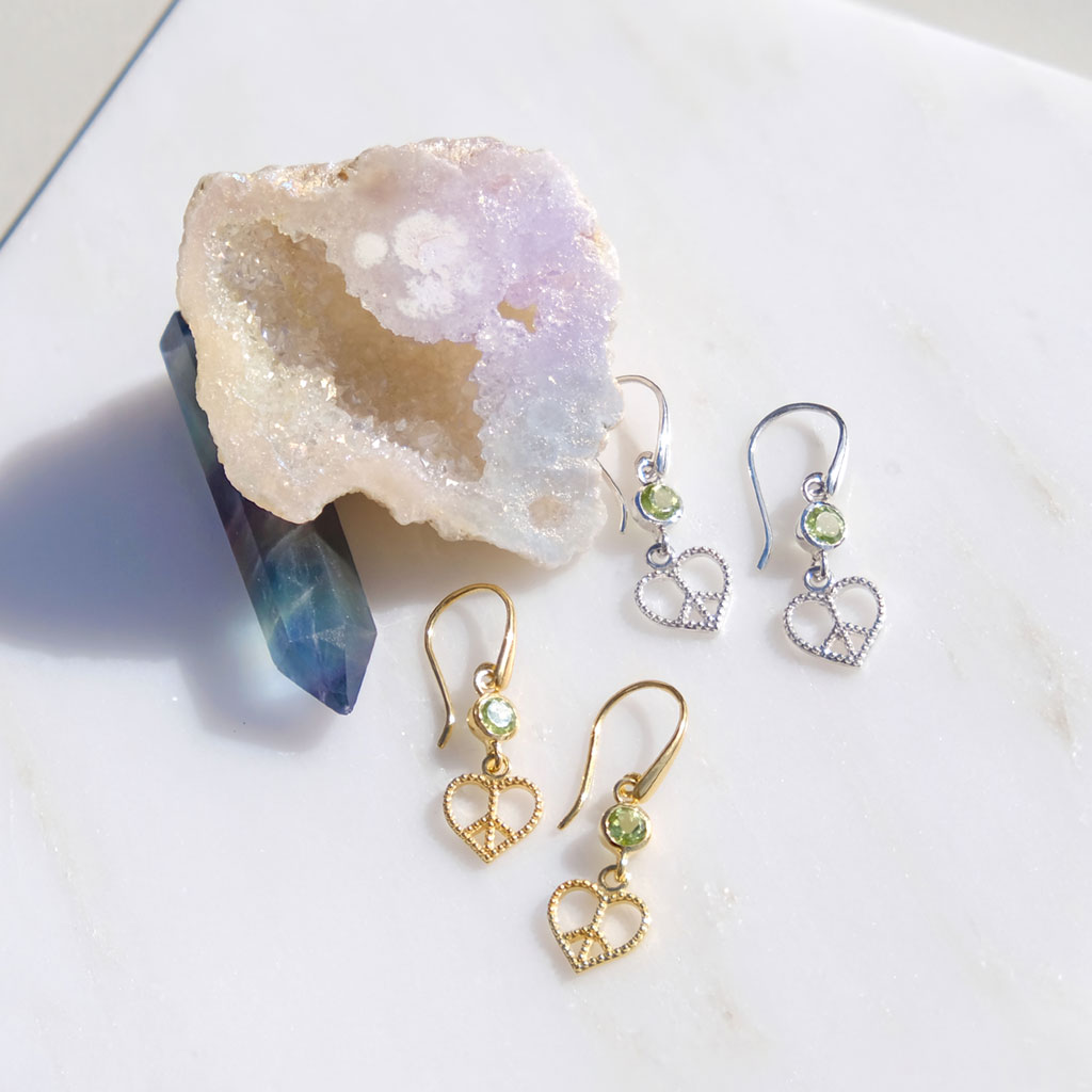 Peace Heart Peridot Drop Earrings, Gold Heart Drop Earrings, Silver Heart Drop Earrings, Peridot Drop Earrings, August Birthstone Earrings