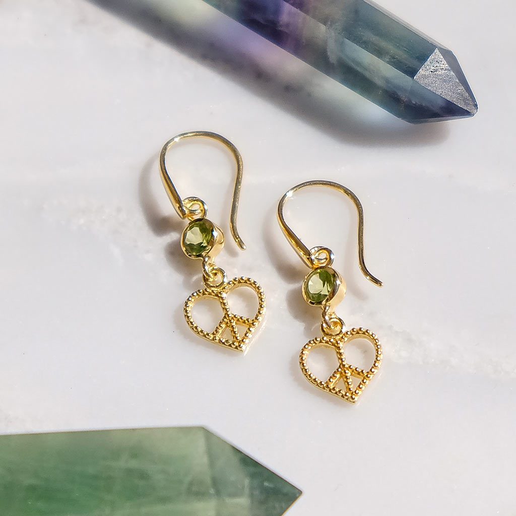 Peace Heart Peridot Gold Earrings