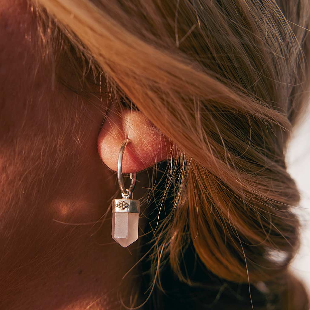 Rose Quartz Hoop Earrings, Rose Quartz Earrings, Rose Quartz Bullet Earrings, Rose Quartz Crystal Earrings, Silver Rose Quartz Earrings