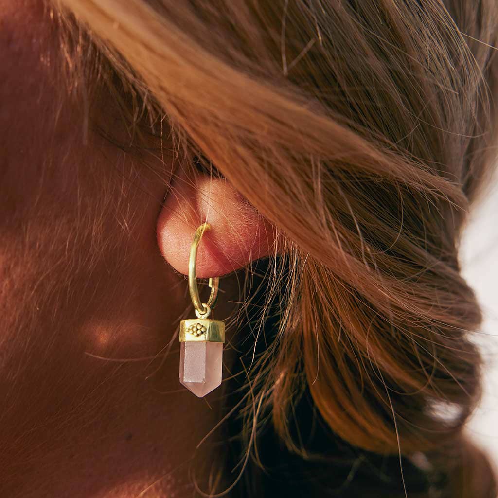 Rose Quartz Gold Bullet Huggie Hoops