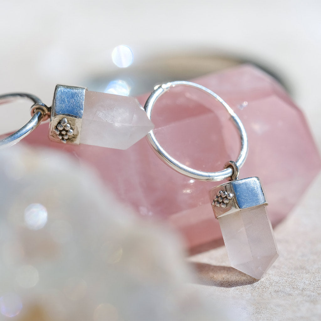 Silver Rose Quartz Bullet Earrings, Silver Rose Quartz Hoop Earrings, Rose Quartz Earrings, Crystal Earrings