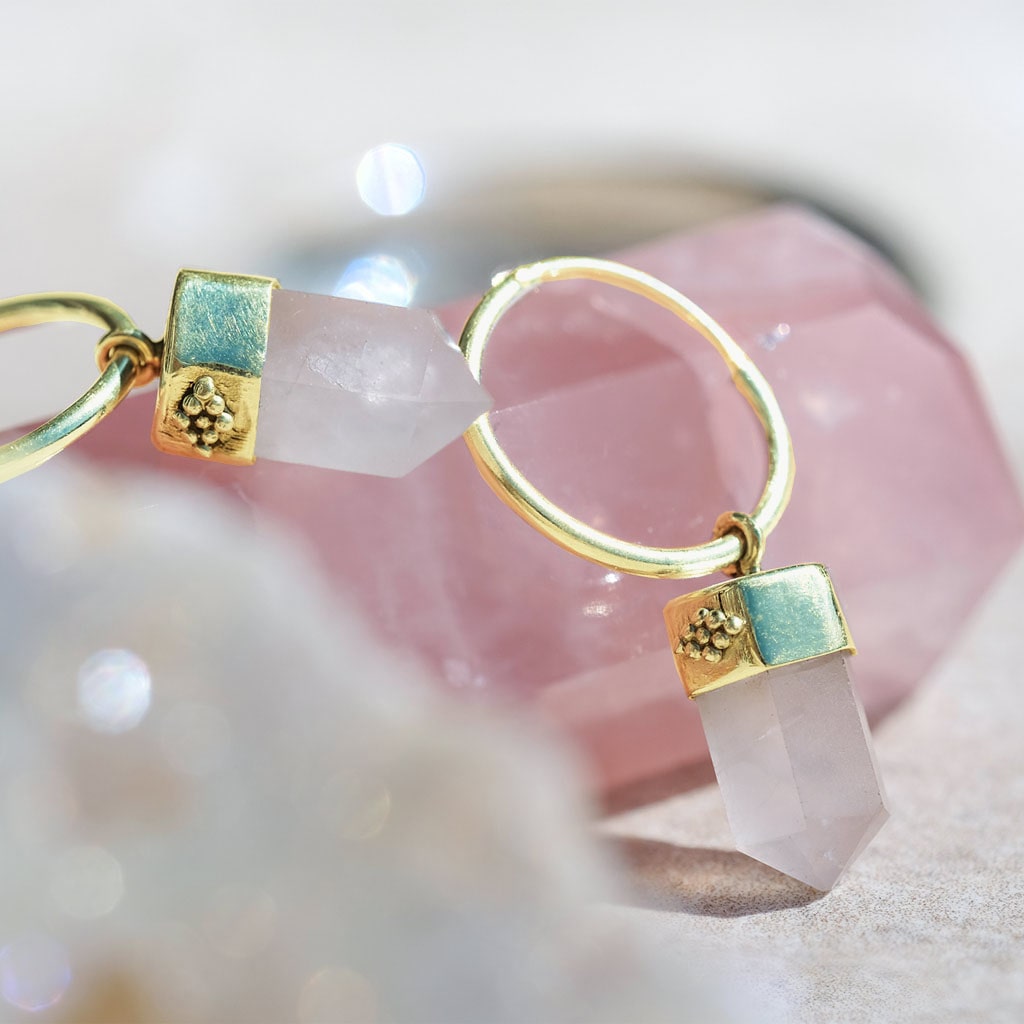 Rose Quartz Gold Bullet Huggie Hoops