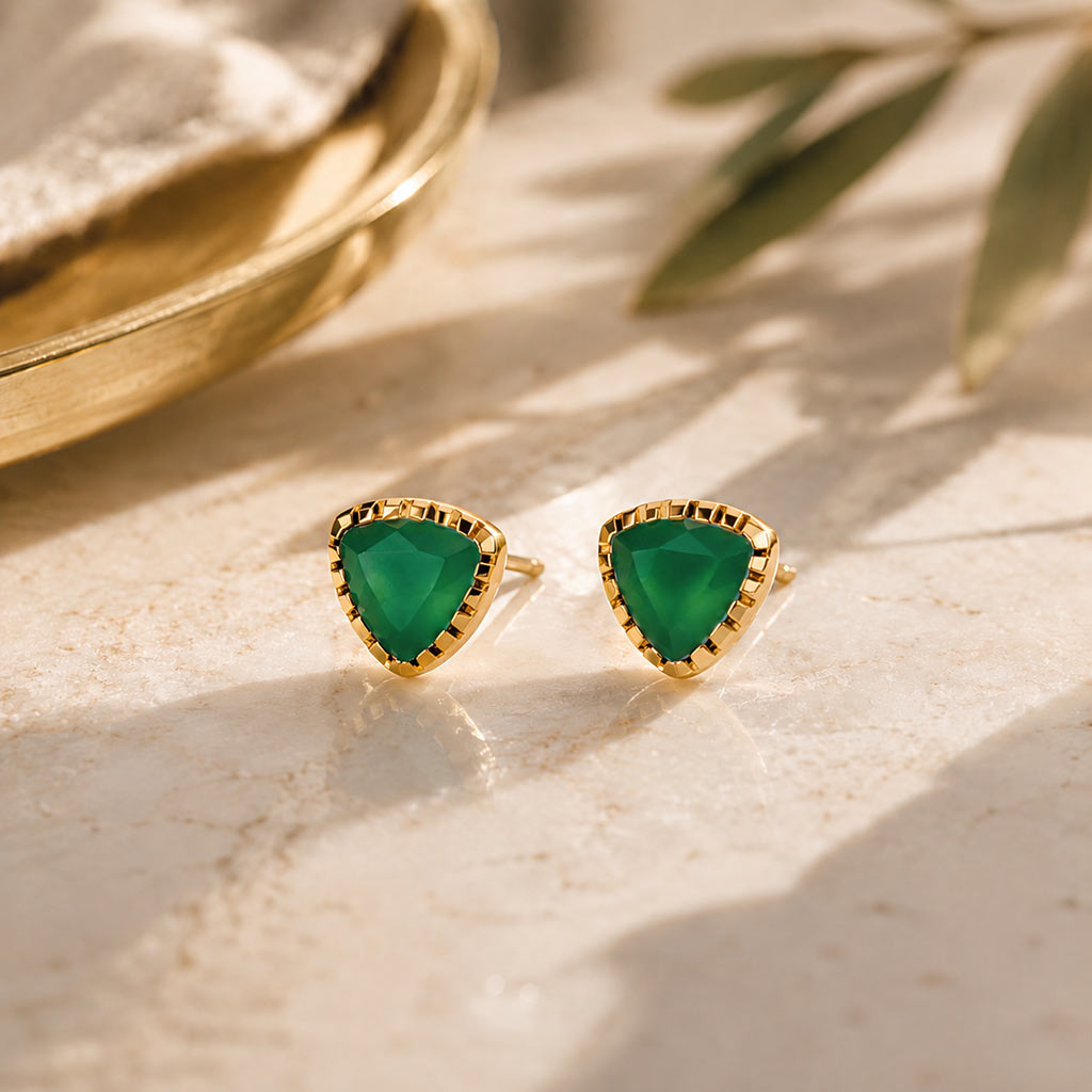 Green Onyx Earrings, Green Onyx Studs, Green Onyx Stud Earrings, Gold Triangle Studs, Gold and Green Onyx Triangle Stud Earrings
