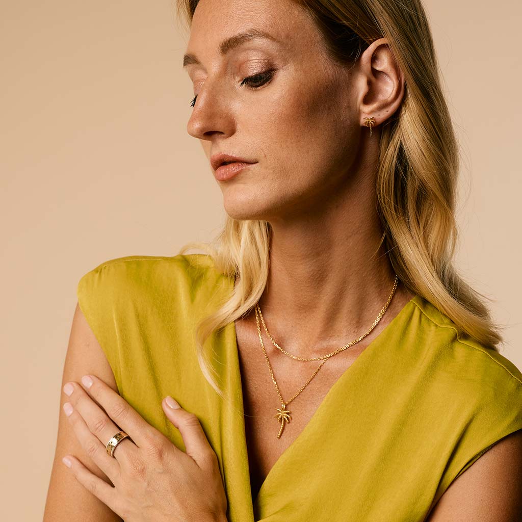 Gold Plated Palm Tree Necklace and etched stud set